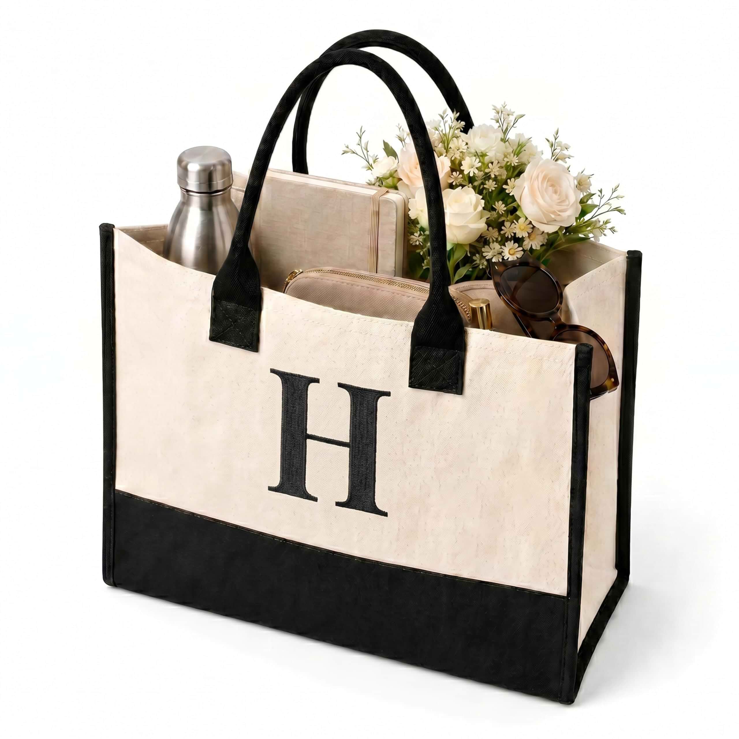 Salt Earth Canvas Tote Bag for Women, Personalized Initial Monogram Tote, Beach Grocery Utility Tote for Travel & Work