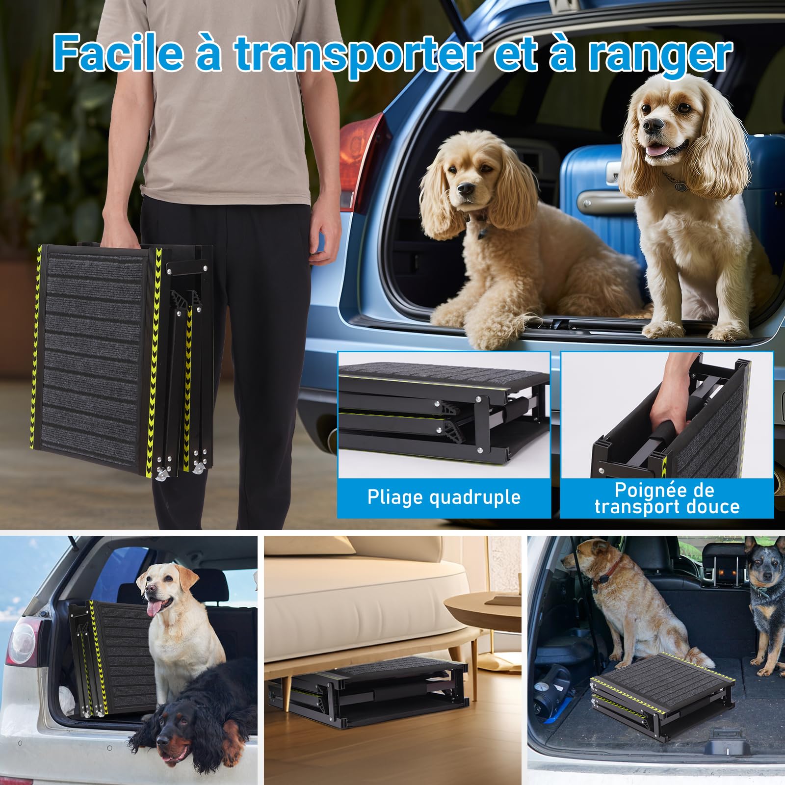 Rampe pour Chien Voiture Pliable 160 x 44 cm 70 kg Antidérapant Bandes Réfléchissantes