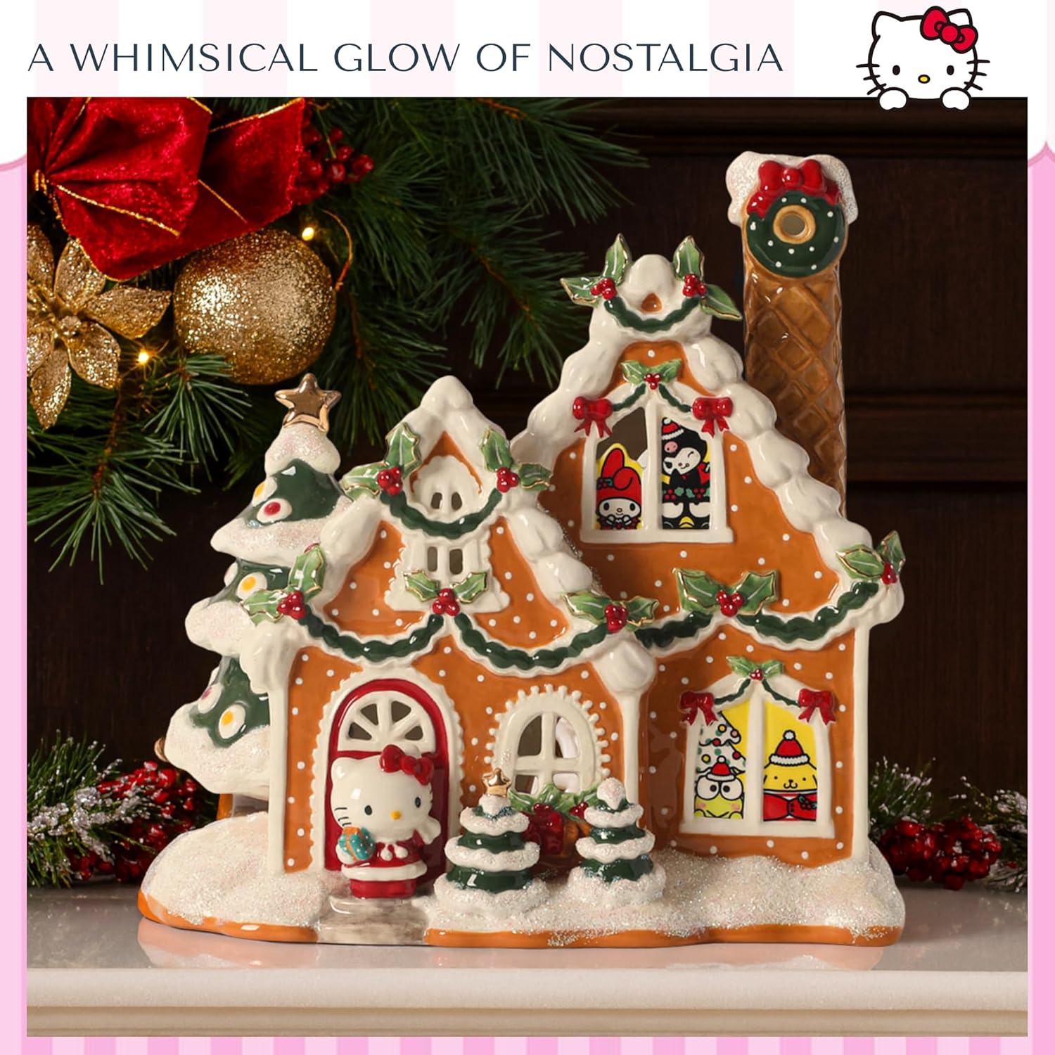 Hello Kitty and Friends Gingerbread Candle House, 9.25" L x 5.5" W x 9.75" H Created by Blue Sky Clayworks