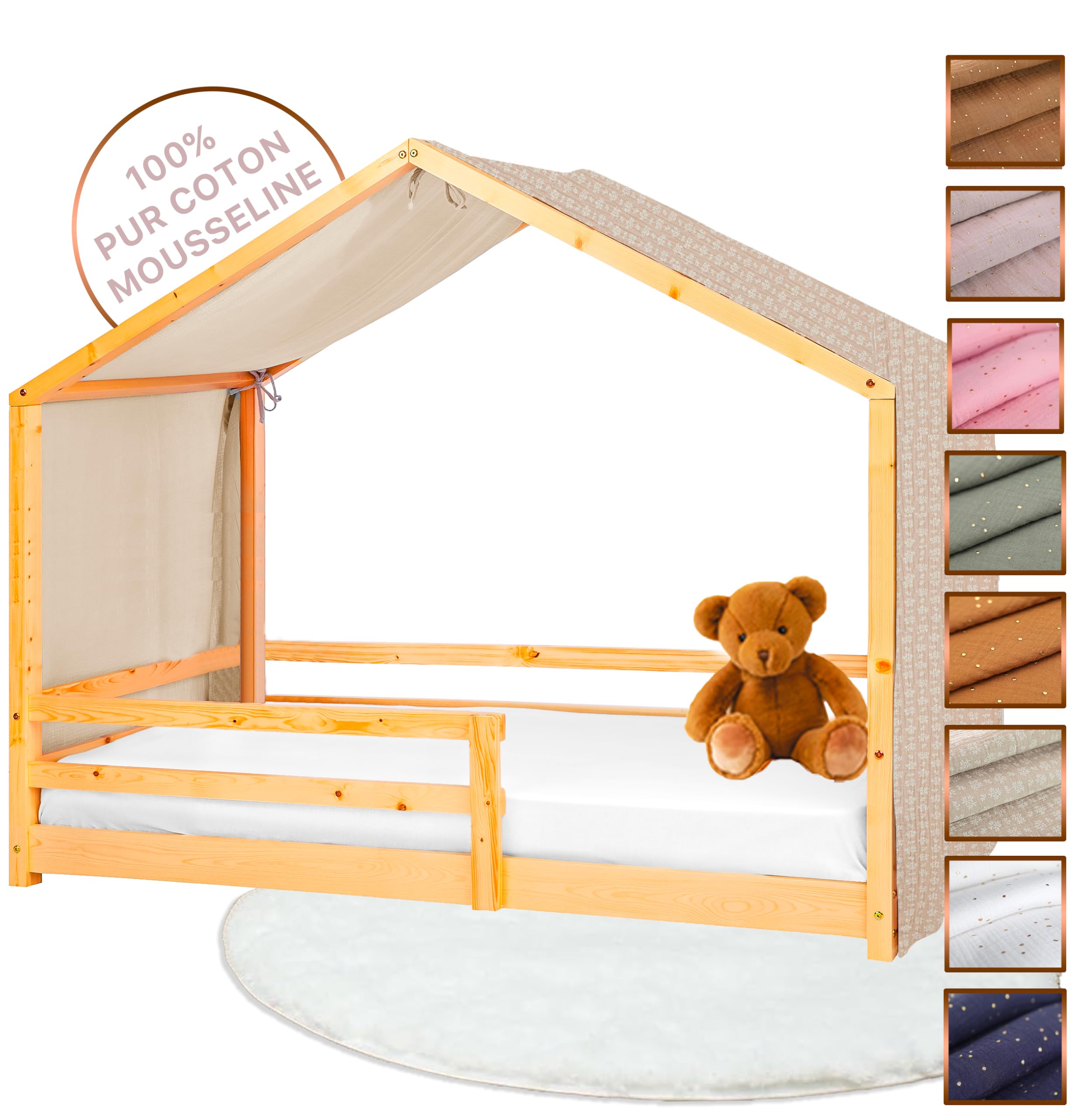 Toile de Lit Cabane 100% Coton - Ciel de Lit Cabane Montessori 80x160, 90x190, 90x200 cm - Tissu Oeko-Tex Gots (Beige Feuillage, 97 x 402 cm)