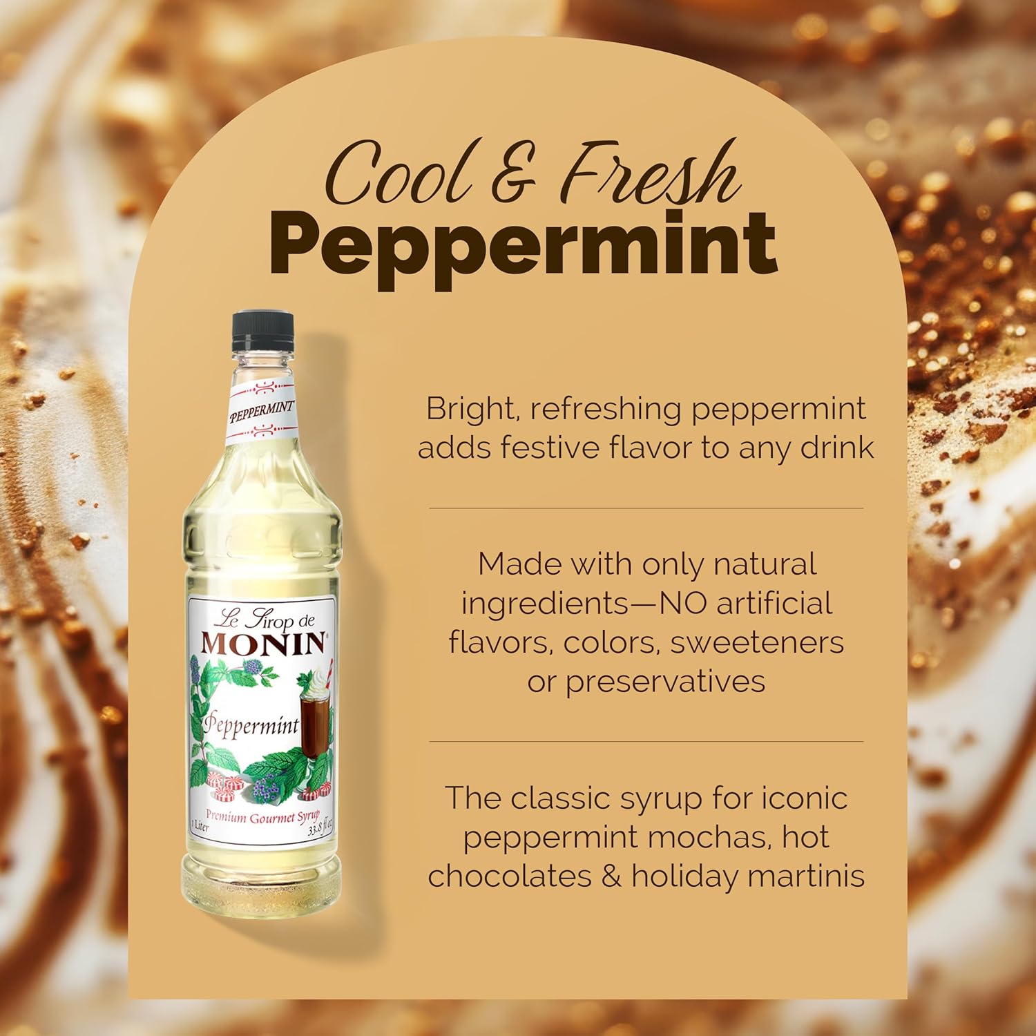 Monin - Peppermint Syrup, Cool Tingle of Candy Cane, Natural Flavors, Great for Cocoas, Mochas, Smoothies, and Sodas, Non-GMO, Gluten-Free (1 Liter, 4-Pack)