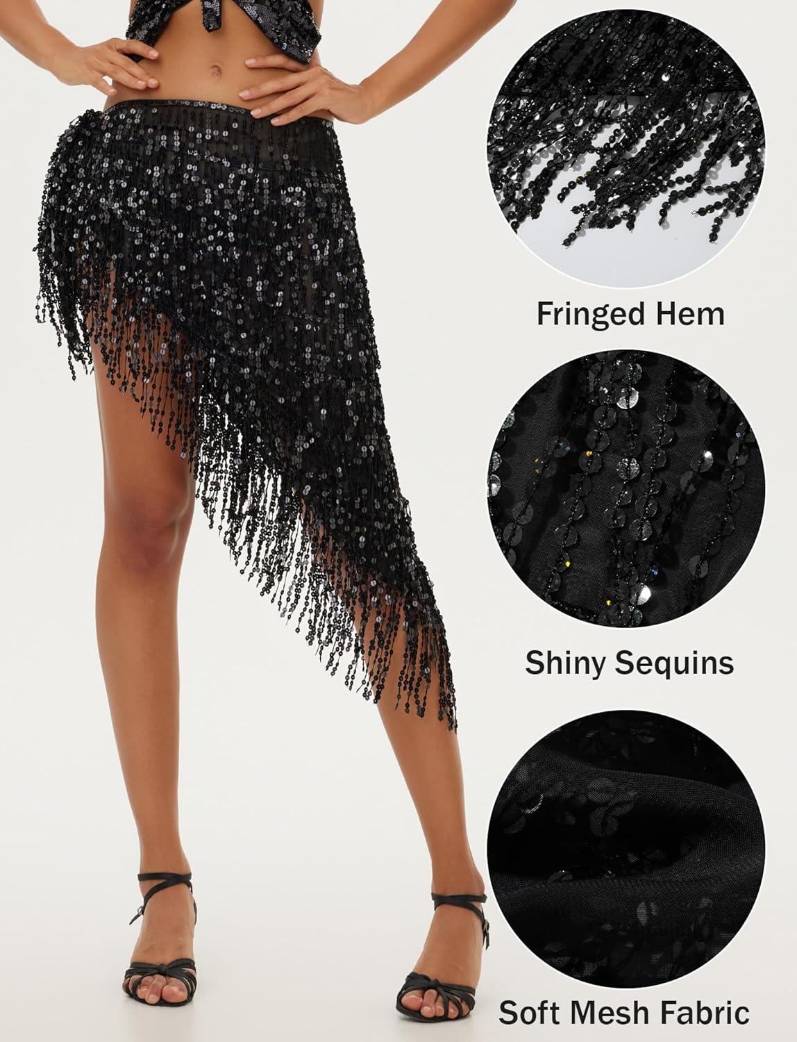 FEOYA Women's Shiny Sequin Fringe Hip Scarf Adjustable Tassel Skirts Belly Dance Performance Skirt One Size - Image 5