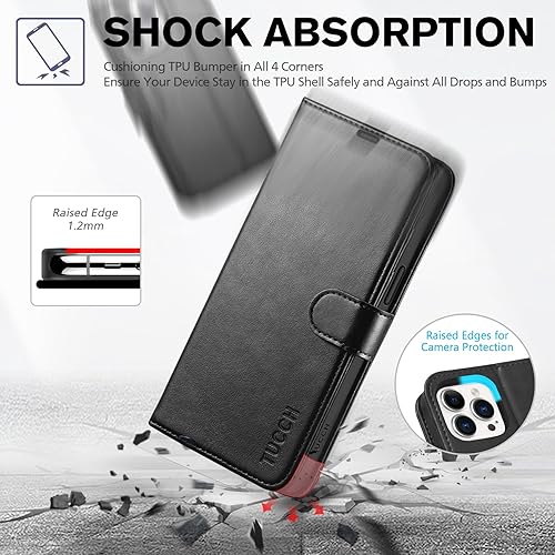Miniatura 6 de TUCCH Funda tipo cartera para iPhone 15 Pro Max, carcasa interior de TPU a prueba de golpes, piel sintética bloqueo RFID 4 ranuras para tarjetas,