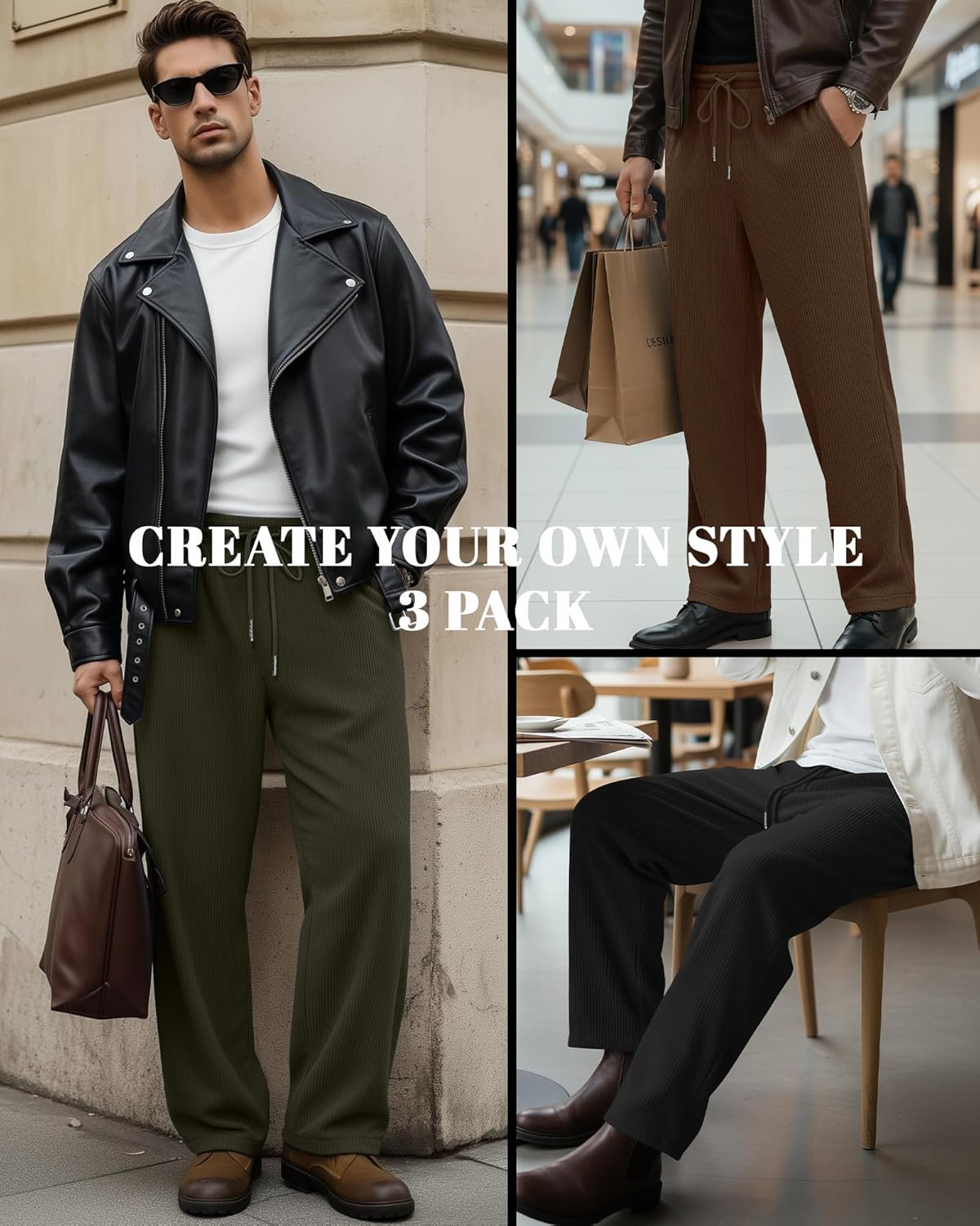 Neer 3 Pack Men's Corduroy Pants Causal Straight Leg Sweatpants Loose Drawstring Elastic Waist Baggy Lounge Pants Pockets - Image 2