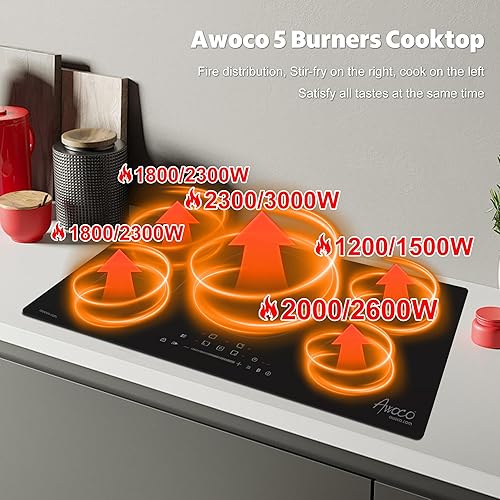 Miniatura 3 de Awoco Placa de inducción de 36 pulgadas, estufa de inducción integrada de 10200 W, estufa eléctrica con 5 quemadores de refuerzo con 9 niveles de
