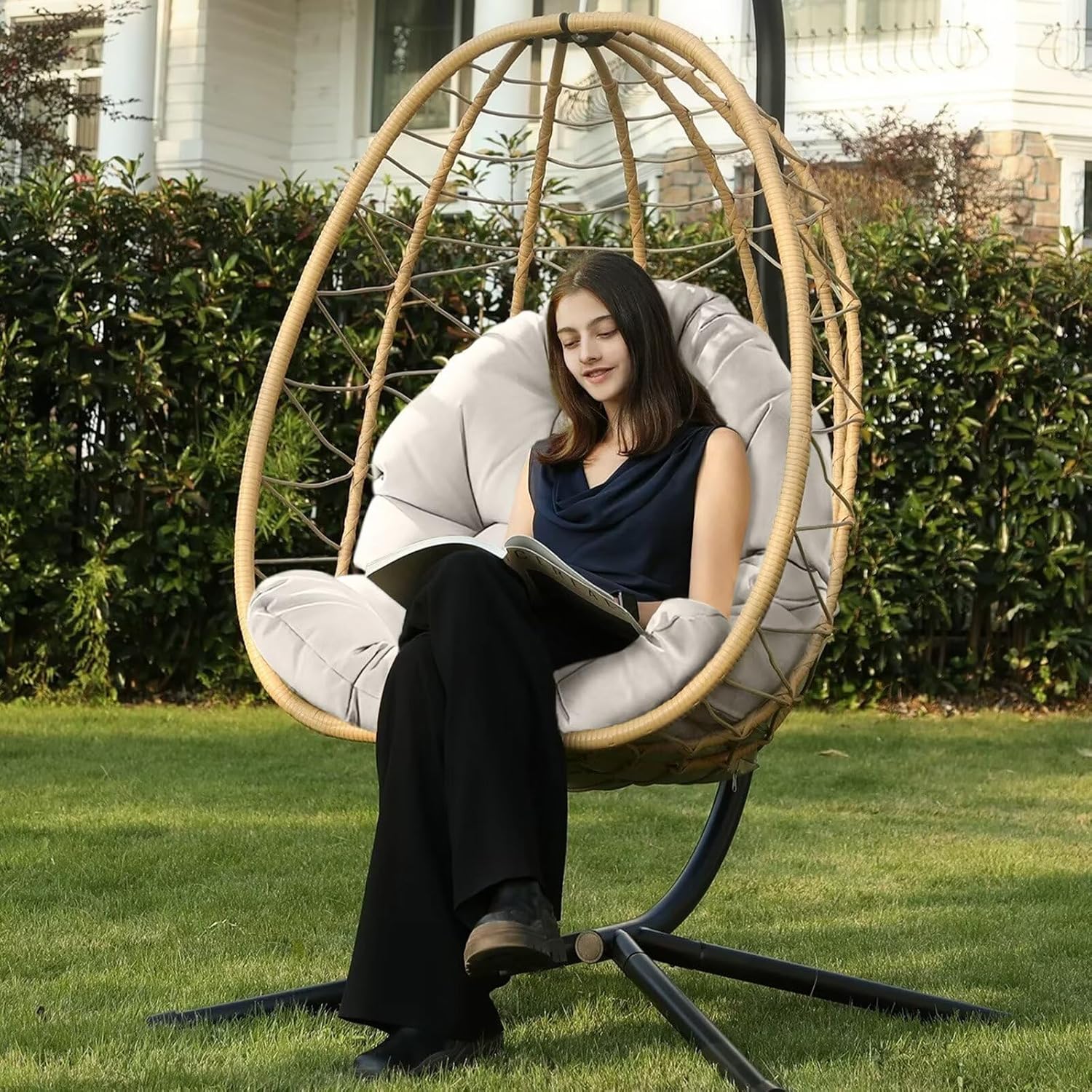 Outdoor Egg Chair Cushion Hammock Chair Cushions Detachable Hanging Basket Seat Cushion Thick Back Pillow for Patio Garden Use Navy Blue