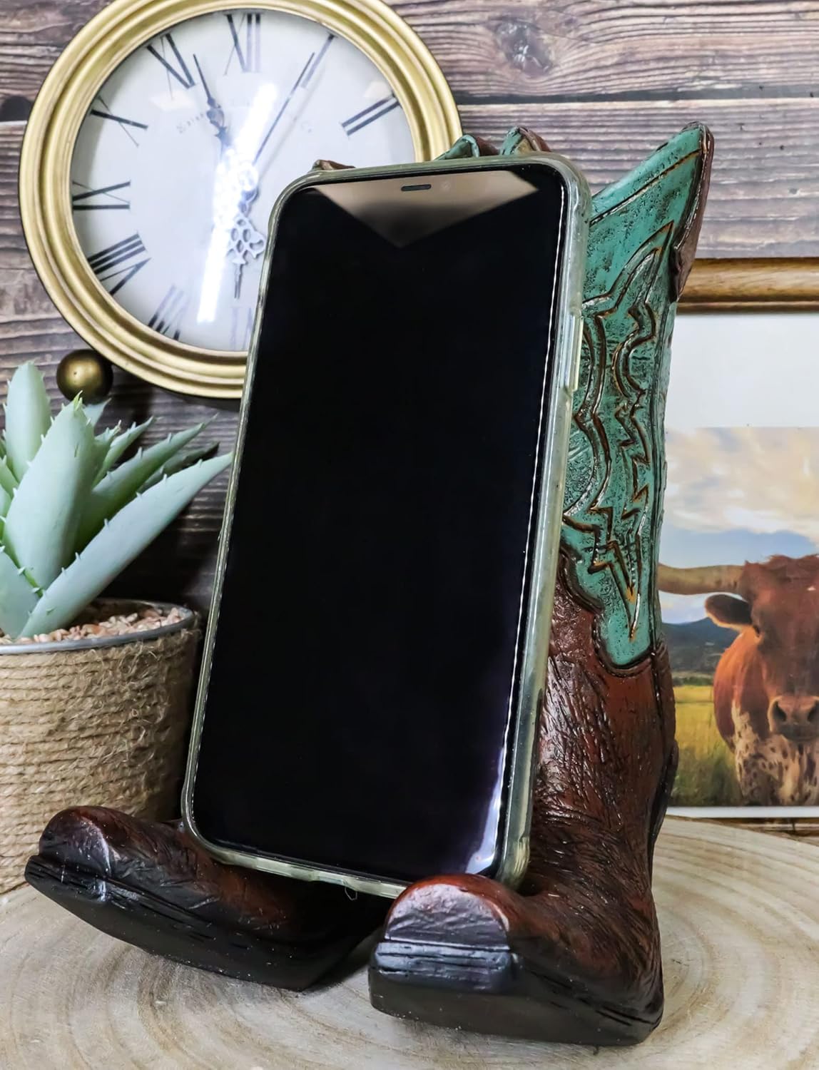 Ebros Gift Western Rustic Teal Green Faux Tooled Leather Cowboy Cowgirl Boots Recipe Book Picture Frame Cell Phone Holder Figurine Desktop Easel Stand Electronic Device Boot Organizer