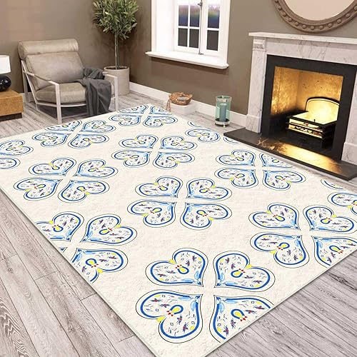 Miniatura 5 de Alfombra de enrejado floral para sala de estar, 3 pies 3 pulgadas x 5 pies 3 pulgadas, cremaazul moderna alfombra de flores que no se desprende,