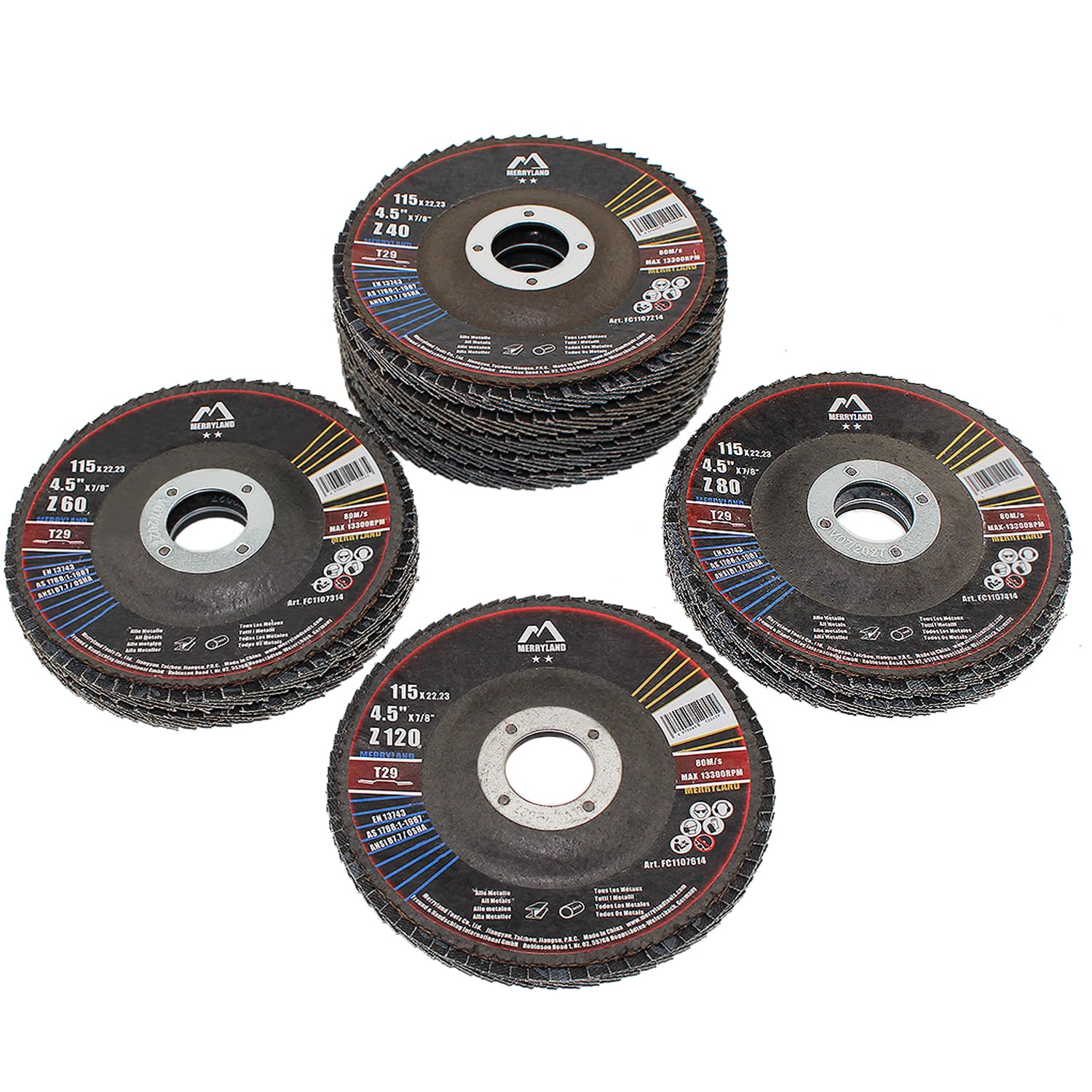 Merryland Dischi Lamellari 115 Ferro Metallo per Smerigliatrice Angolare, 115mm Grana 40 60 80 120 Misto T29 Disco Lamellare 10 Pezzi, Acciaio Dischi Abrasivi, Craft-Line FC1107014-10