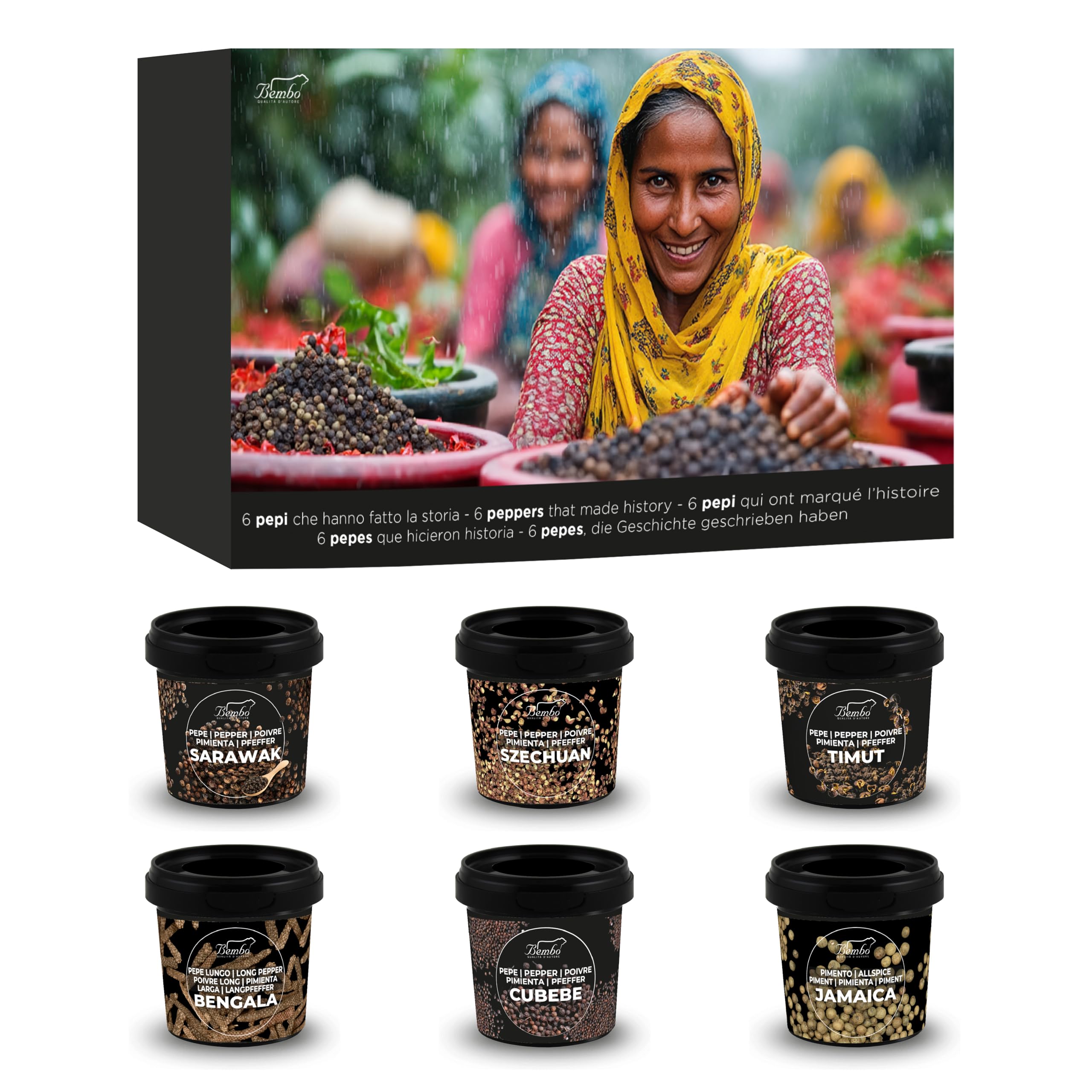 Set Pimientas Gourmet Bembo – 6 Pimientas Raras del Mundo – Pack Especias Regalo – Kit Cocina Gourmet