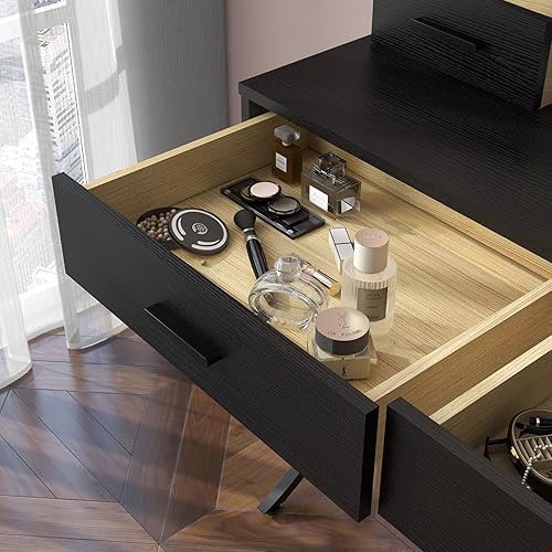 Miniatura 8 de Mesa de tocador con espejo iluminado, moderna mesa de maquillaje con 10 luces, escritorio de maquillaje con 4 cajones para dormitorio (negro)
