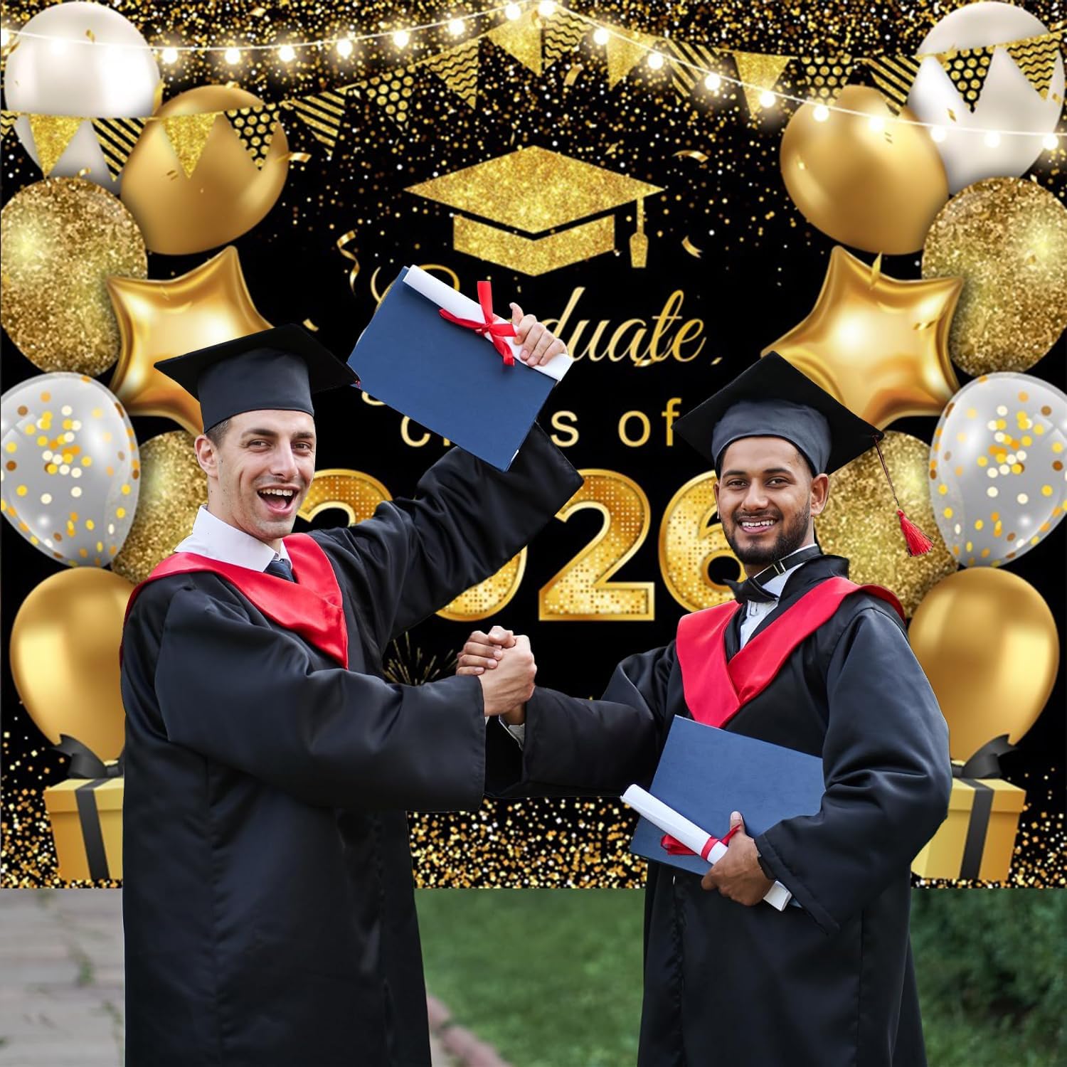 12x10ft Class of 2026 Graduation Backdrop Black and Gold Graduation Photo Backdrops for Photoshoot Balloons Glitter Congrats Grad Photography Background Photo Booth Props 2026 Graduate Party Decor