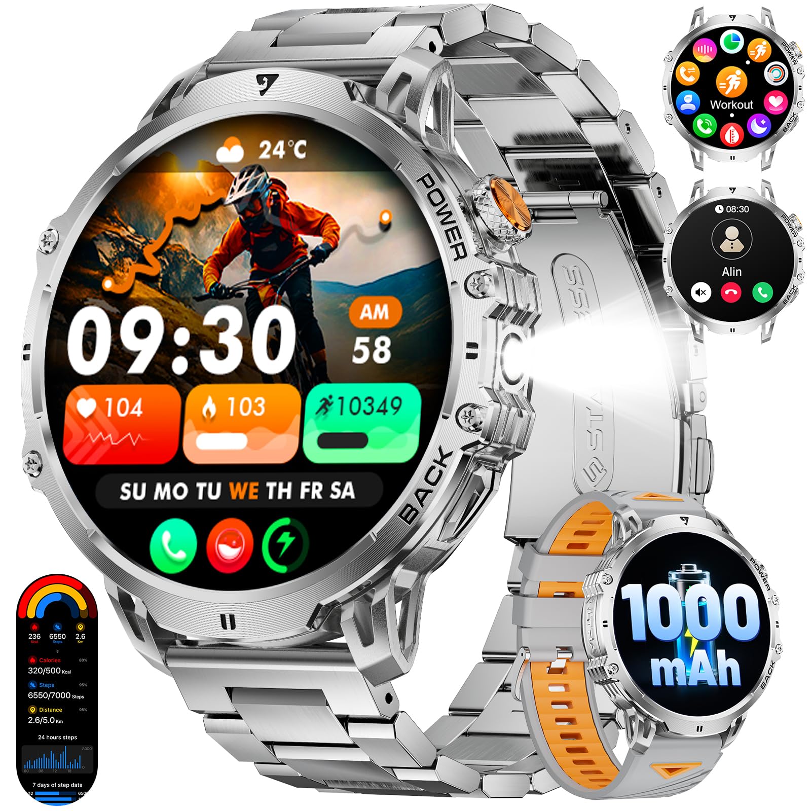 Orologio Smartwatch Uomo con Batteria da 1000 mAh, 1,85'' Ampio Schermo Smart Watch Militare con Torcia LED, Chiamate per Android iOS, Impermeabile IP68, 120 Modalità Sportive Fitness Tracker, Argent