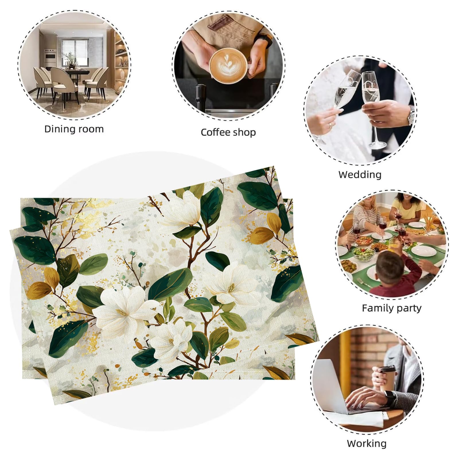 Tovaglietta Americana Acquerello in Cotone Lino Rettangolare - Tovagliette Set di 8 Magnolia Bianca Resistente al Calore per La Cucina, Il L'Ufficio, 30 x 45cm