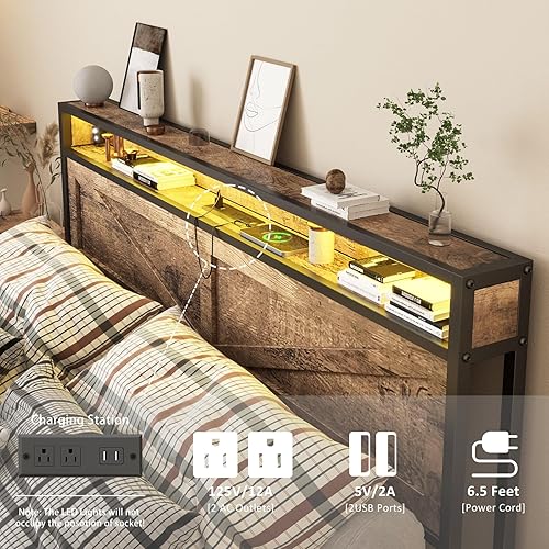 Miniatura 4 de Halitaa Base de cama LED tamaño Queen con estación de carga, marco de cama de metal con cabecera de almacenamiento y puertos USB, marco de cama de