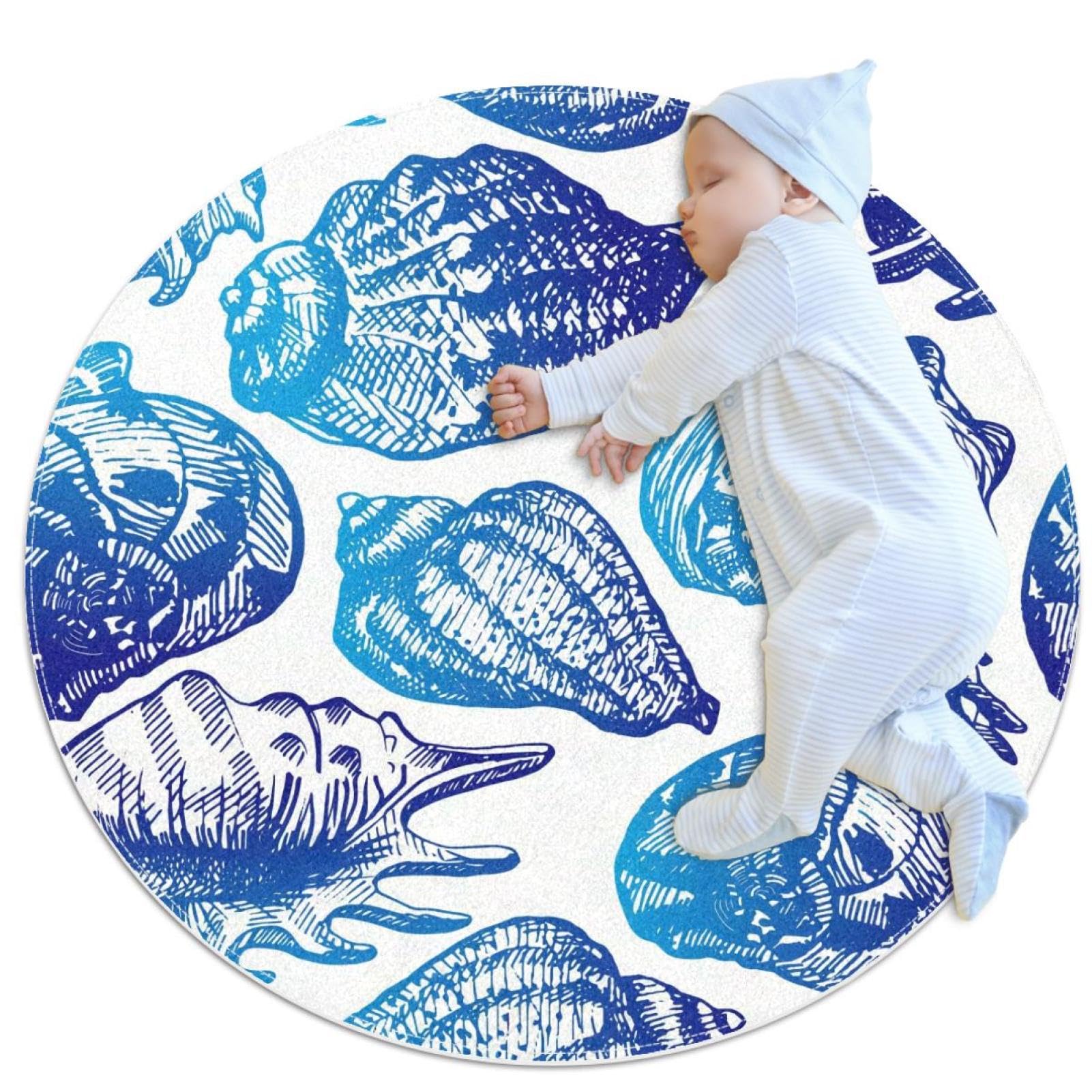Tapis de bain antidérapant fait main coquillage bleu 1m de diamètre