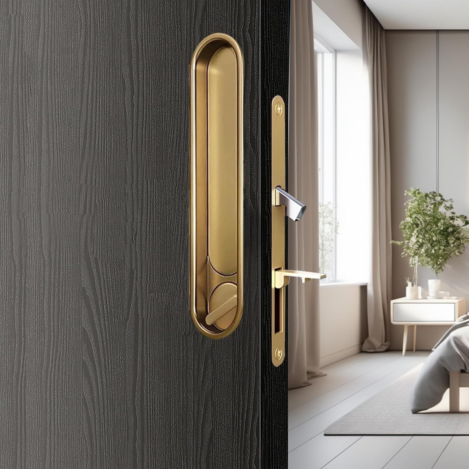 Pocket Door Lock Hardware with Pull,Invisible Sliding Door Lock Handle, Recessed Door Handle Lock for Furniture Hardware, Gold