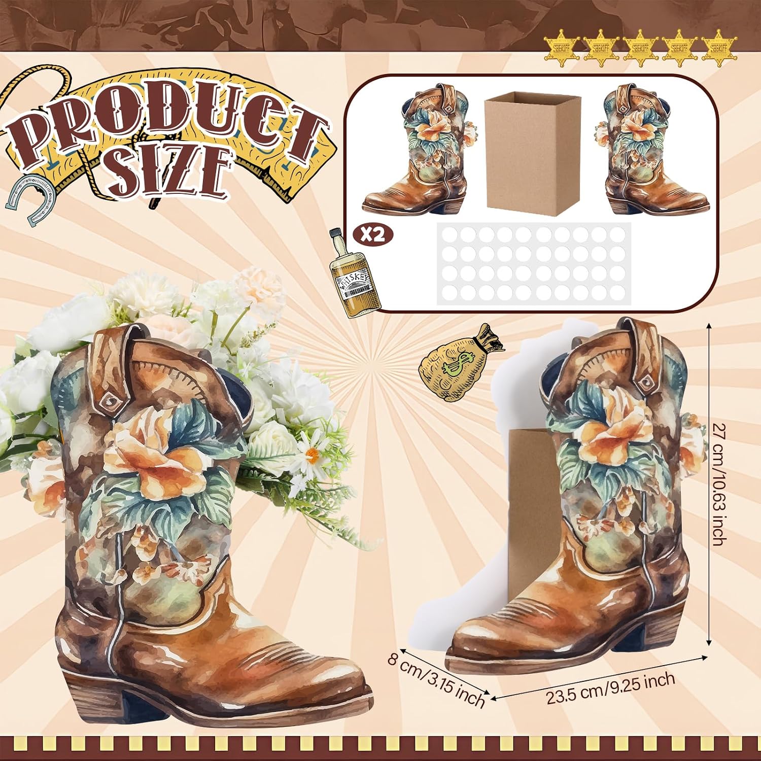 Dunzoom 12 Set Western Cowboy Boots Flower Boxes Vase Centerpieces Brown image 2