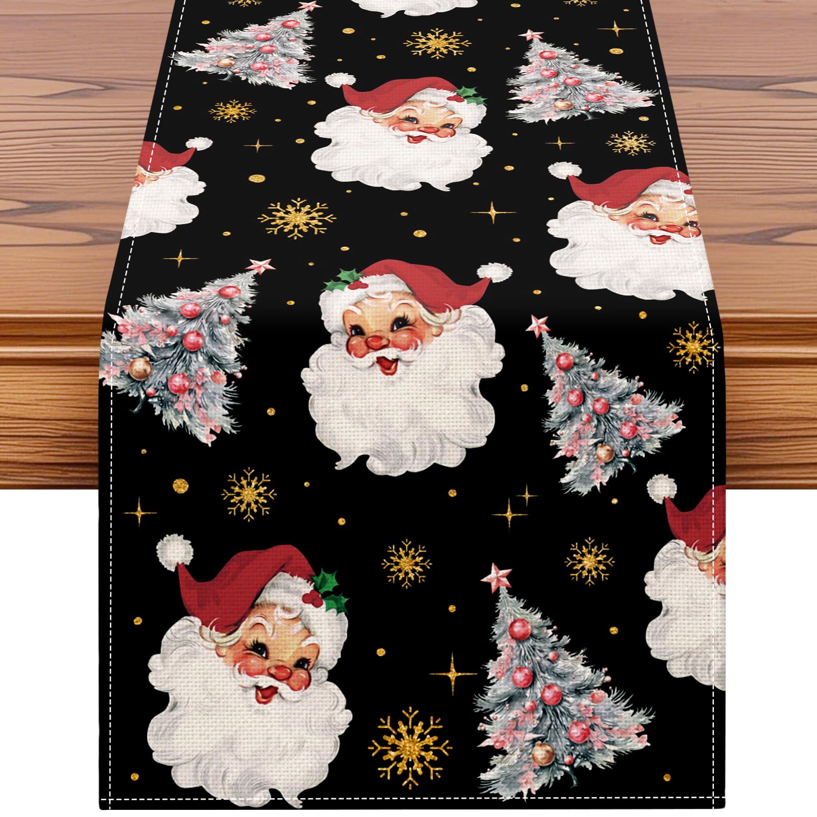 Artscope Christmas Tree and Santa Claus Merry Christmas Table Runner, Xmas Seasonal Winter Holiday Kitchen Dining Table Decoration for Home Party Decor 40x140cm (Black)