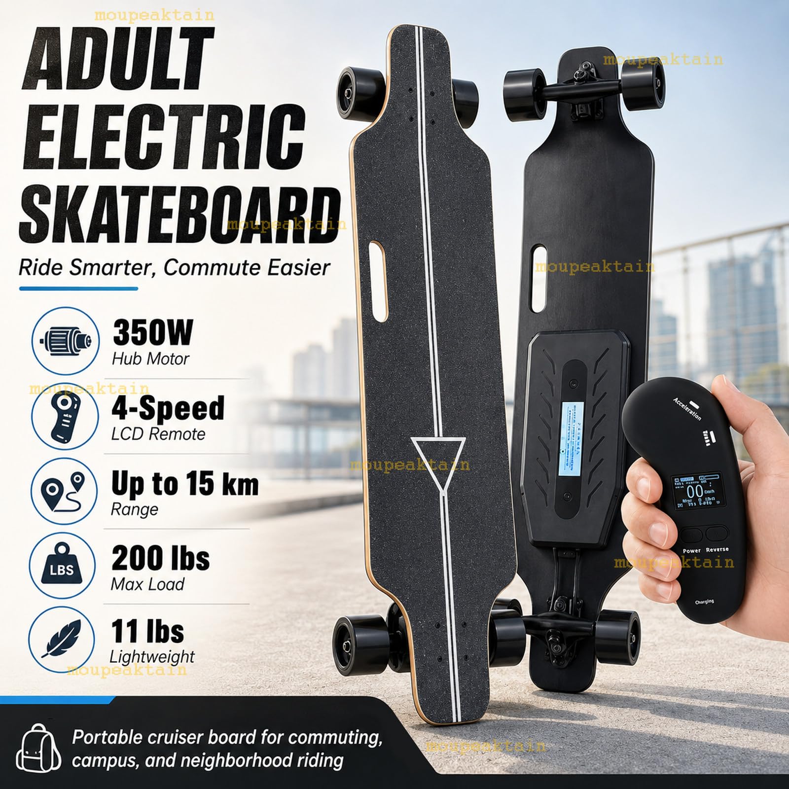 Elektryczna deskorolka dla dorosłych z pilotem, elektryczna longboard 350 W, 4 prędkości, do 25 km/h, zasięg 15 km, przenośna deskorolka elektryczna z uchwytem do kampusu i miasta