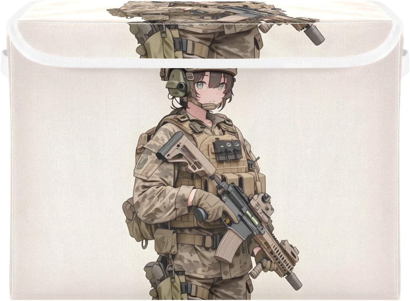 Storage Basket Bins Female Soldier Anime Print with Lid, Foldable Flip-top Cubes with Handle for Home Office 16.5×12.6×11.8 in