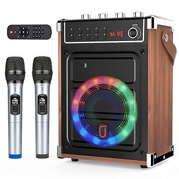JYX Karaoke Machine with 2 UHF Wireless Microphones, Wood Grain