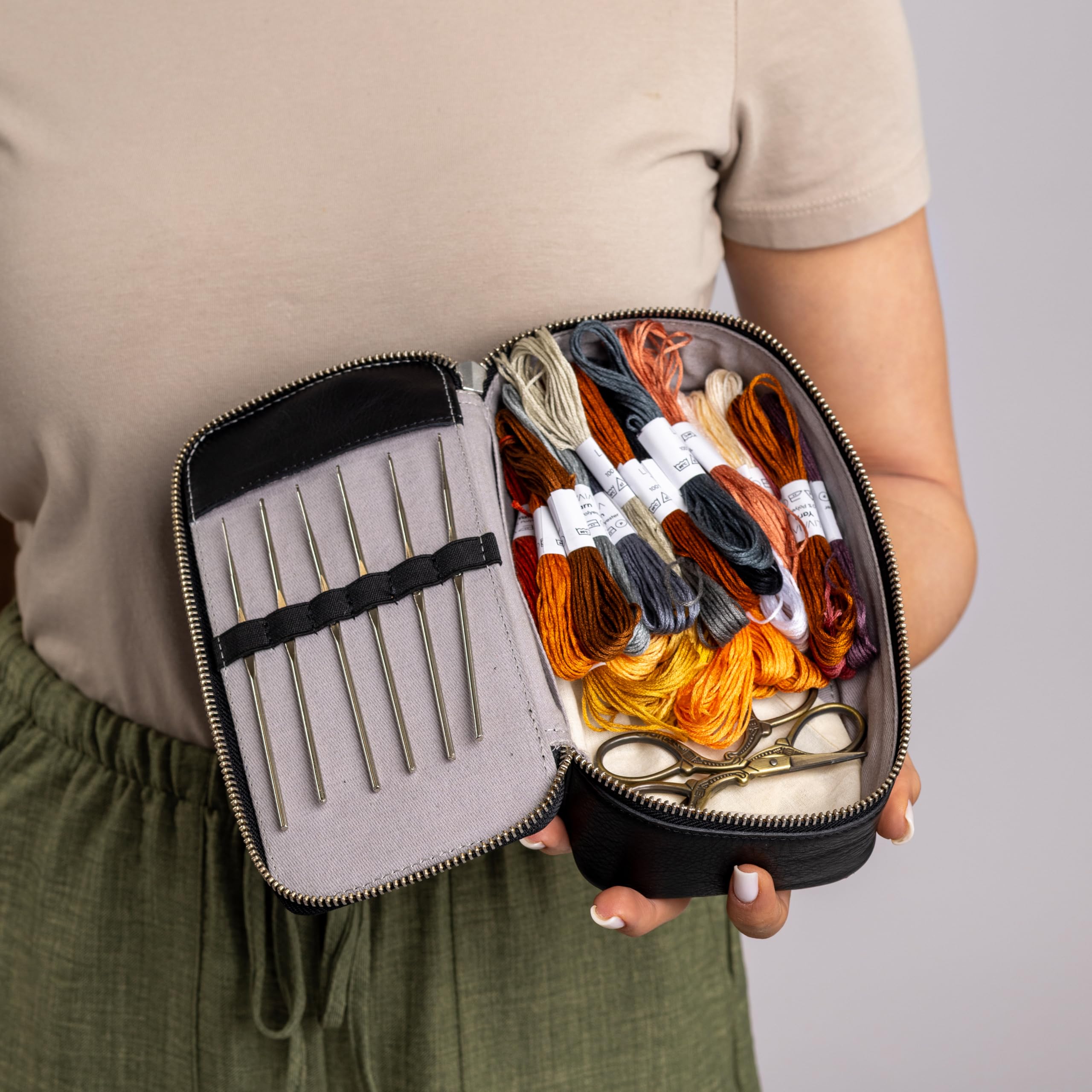 Gusti Leder Stricktasche Daline - Häkeletui Federmappe Utensilien Etui Damen Herren Schwarz Leder