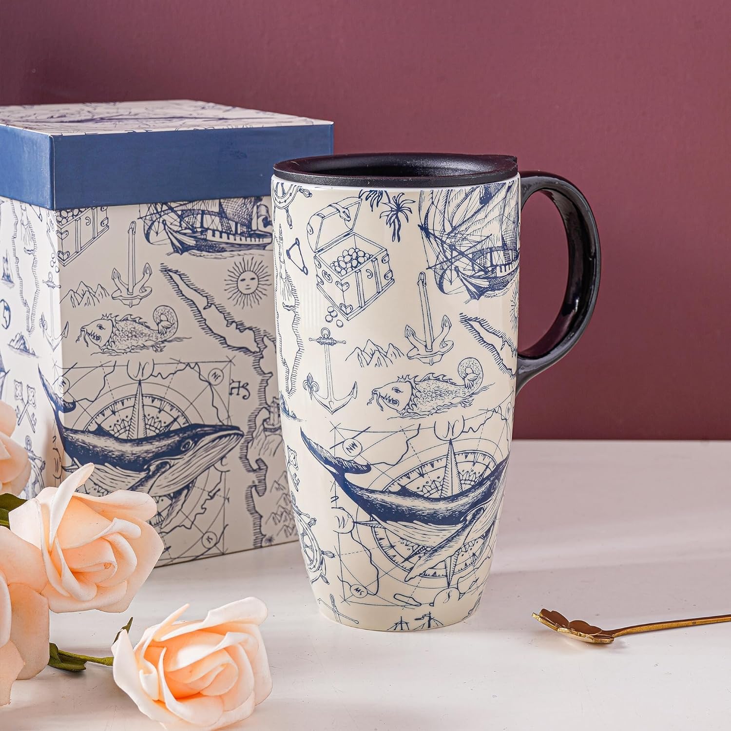 Topadorn Ceramic Mug Porcelain Latte Tea Cup Coffee Mug with Gift Box,17oz.Travel Cup with Lid, Vintage Navigation Style - Image 5