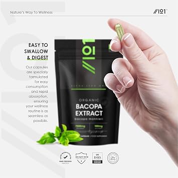 Organic Bacopa Monnieri Capsules 7500mg - 20% Bacosides (100mg Per Capsule) – 90 Count – Resealable and Recyclable Pouch by Alpha01