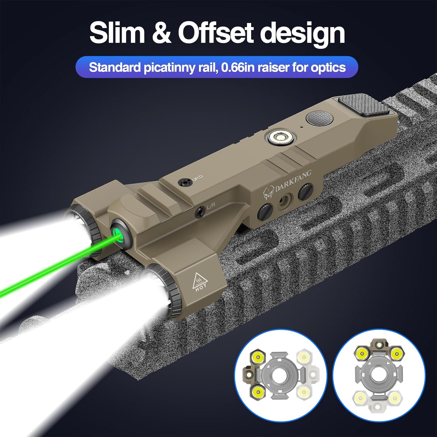 DARKFANG 1450 Lumen Tactical Flashlight with Green Laser Beam Combo, Low Profile Design Rechargeable Weapon Light for Picatinny Rail(FDE)