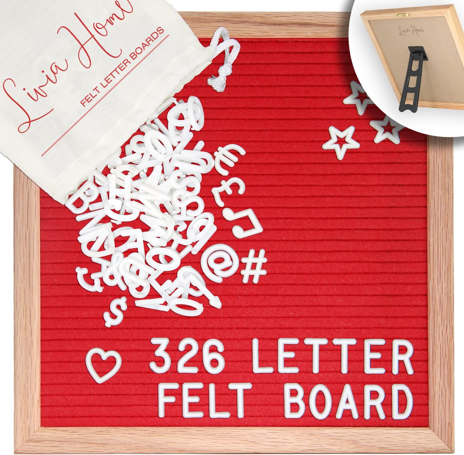 Livia Home Letter Board with Stand – Red Felt Sign with 326 White Plastic Changeable Characters – Wooden 10 x 10 inch Square Solid Oak Frame – With 7x5 inch Canvas Bag - Desktop Display
