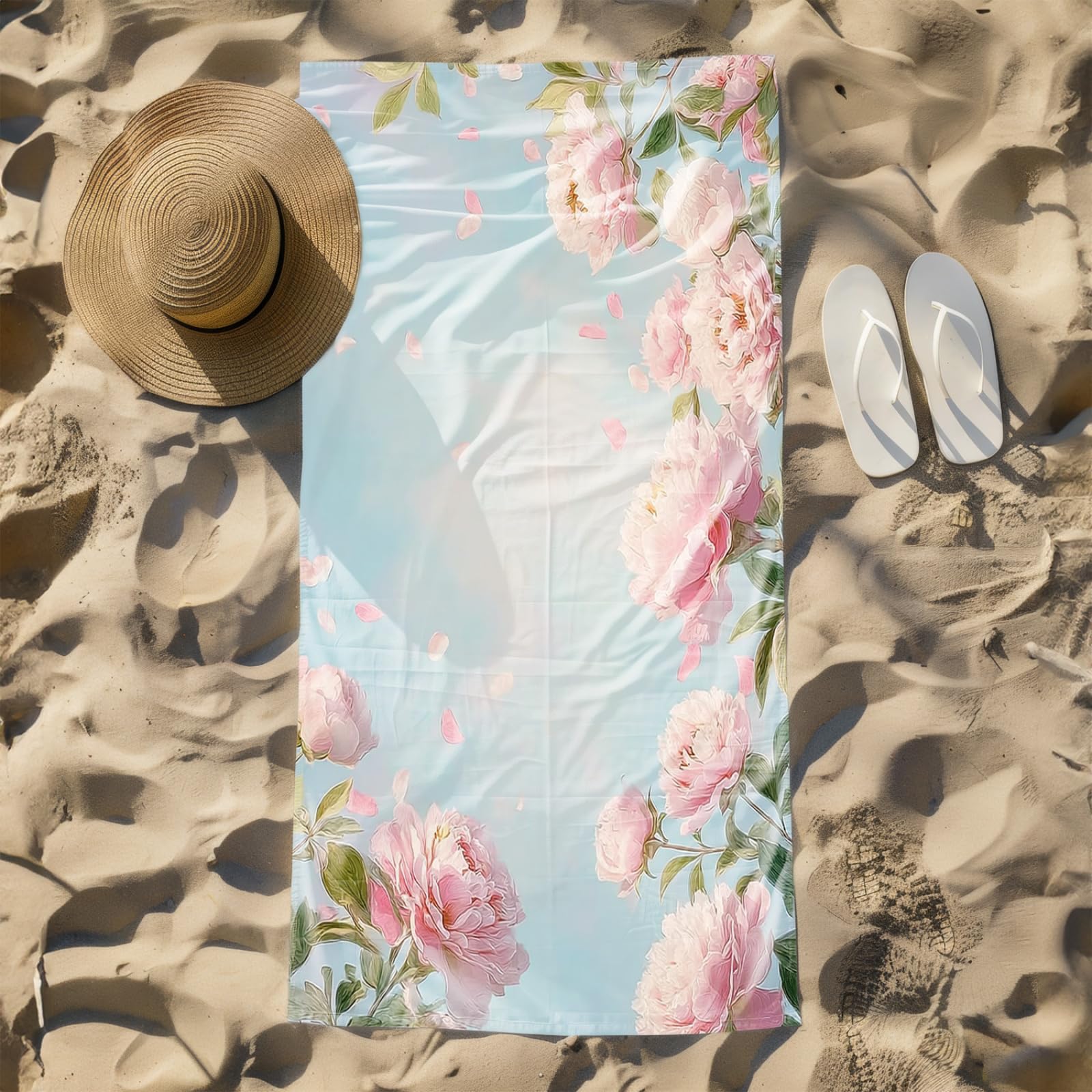 Générique Serviette de Plage XXL Fleurs Roses Bleues | Grande Taille Serviette de Plage et Douche Avec Elastique Microfibre Absorbante et Légère Sport Séchage Rapide
