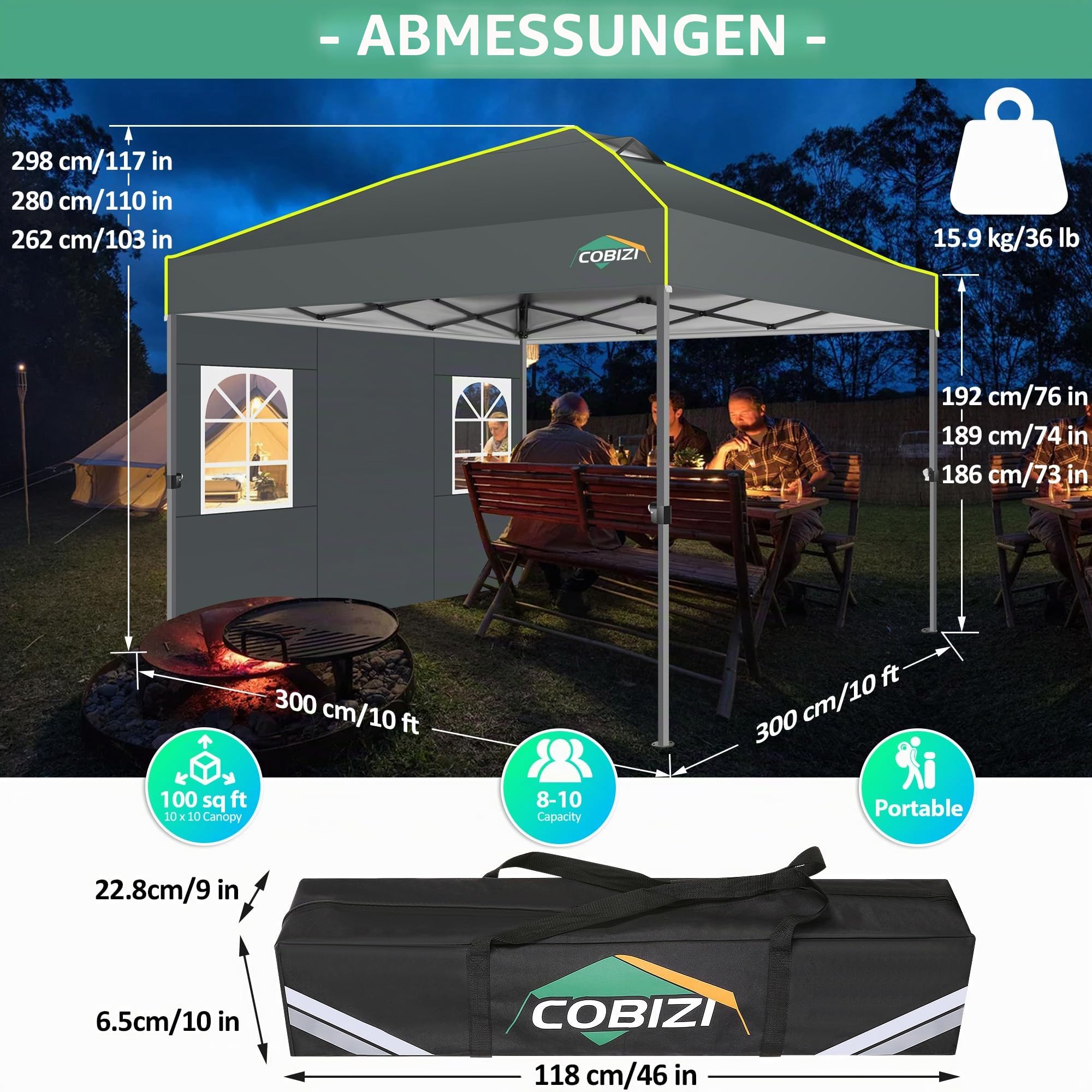 COBIZI Pavillon 3x3m Wasserdicht Stabil Winterfest Faltpavillon Partyzelt Gartenpavillon Pop Up Pavillon Klappbar Zelt mit 4 Seitenwnden Belüftungsöffnungen, Sandsack für Markt, Freien Event,Grau