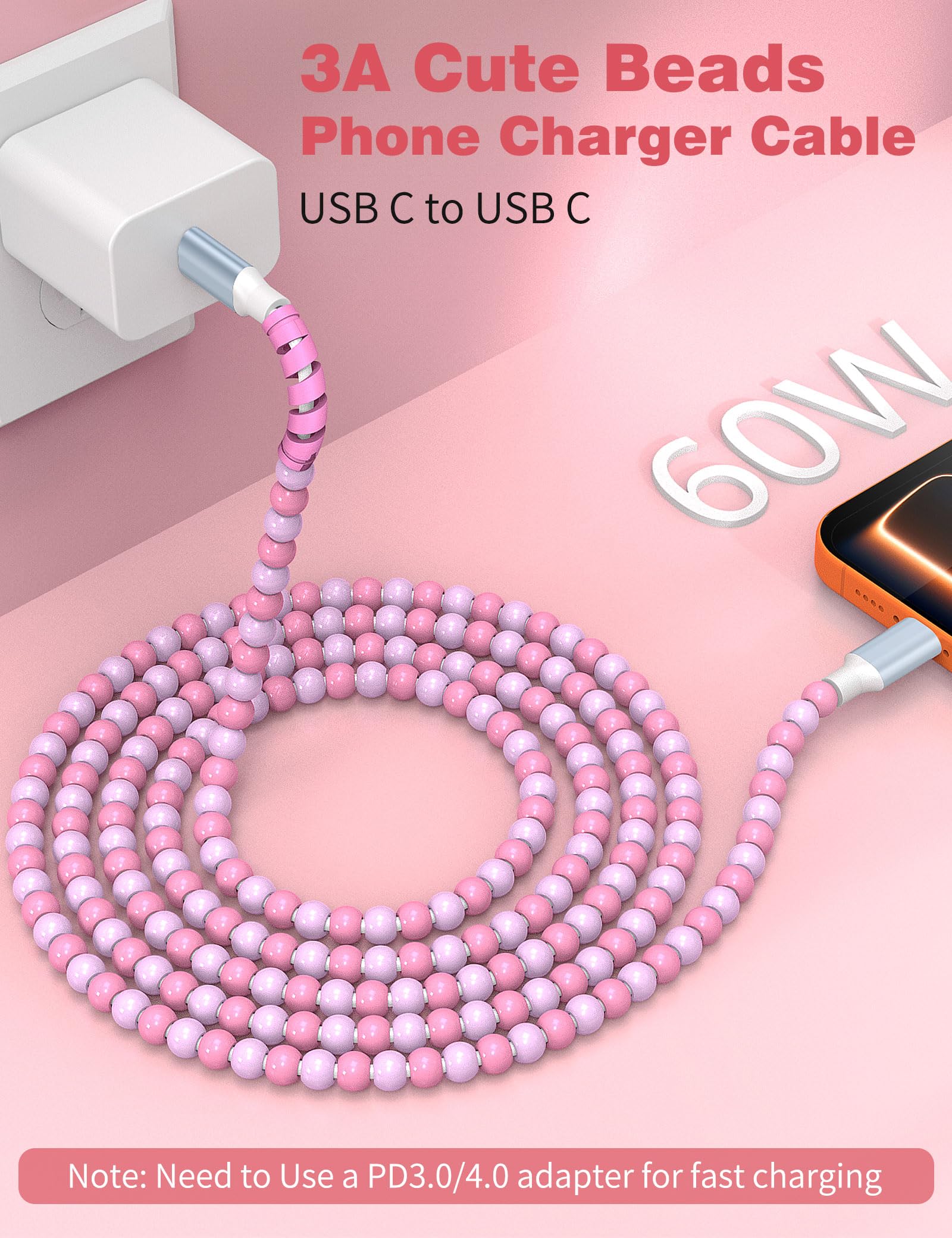 Cable USB C a USB C de 6 pies, 60 W de carga rápida con cuentas para iPhone 17, 16, 15Pro Max, iPad Pro Air 11th para Samsung S25 Ultra, S24, S23, FE A16, cable de carga de teléfono Android, para