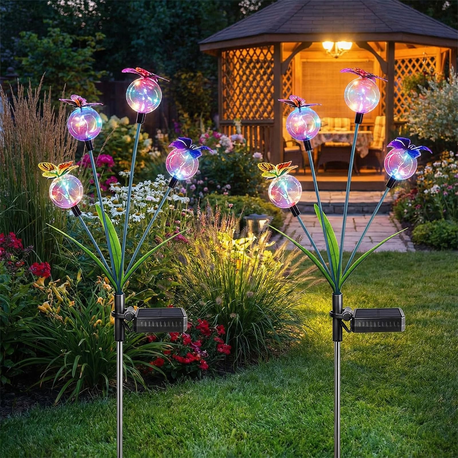 WORLUDE 2 Pack Solar Lights Outdoor Garden - Colored Light LED Butterfly Swaying Garden Lights Solar Powered with 8 Bubble Balls, IP65 Waterproof Path Light Garden Ornaments for Patio Yard Pathway
