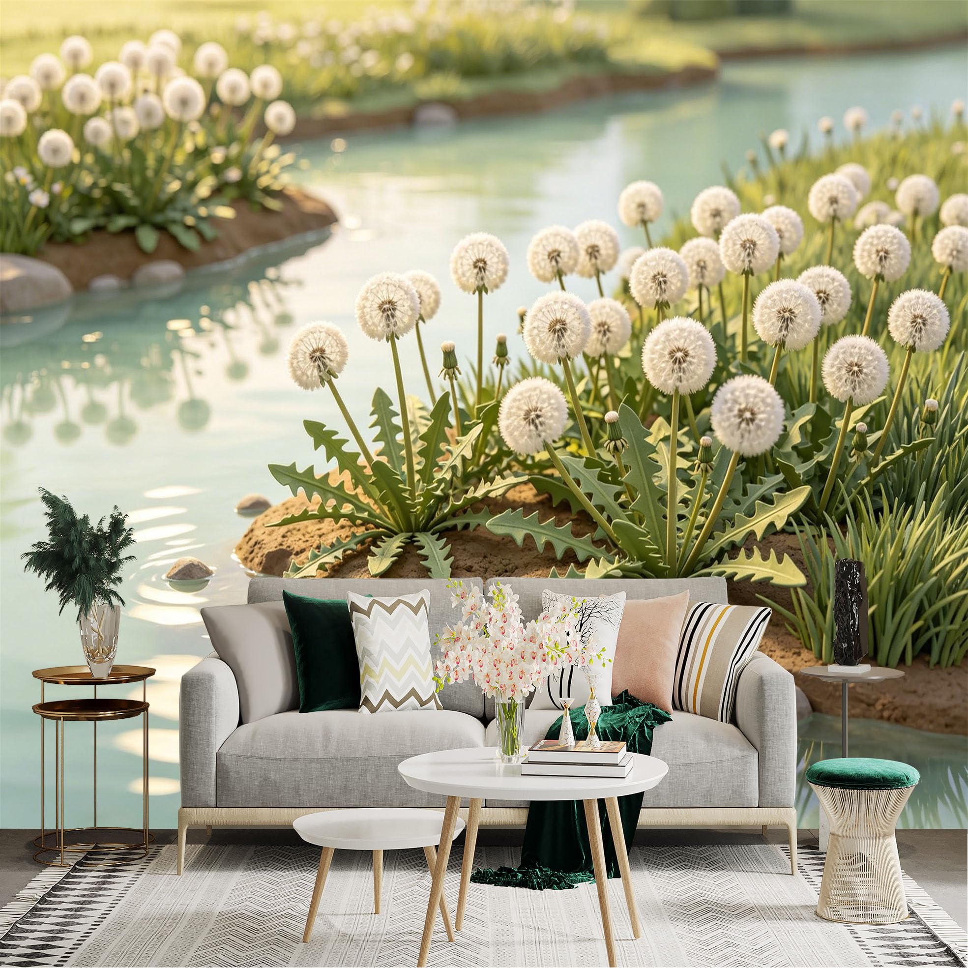 Lnzczhyre Dbh260521129 Custom Size Wall Sticker Mural， Dandelion Fluff On Riverbank， Serene Nature Scene， Soft Spring Sunlight， Blooming Floral Meadow， For Wall Decoration， Peelandstick Wall Decals.