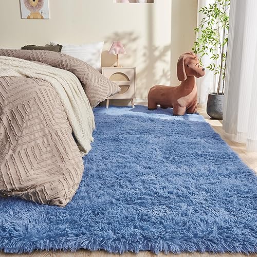 OPPODREAM 3x5 Blue Rugs for Bedroom, Ultra-Soft Fluffy Area Rugs for Living Room, 3 x 5 Shag Carpet for Nursery, Kids, Girl, Boy, Baby, Plush, Fuzzy, Shaggy, Cute Home Decor