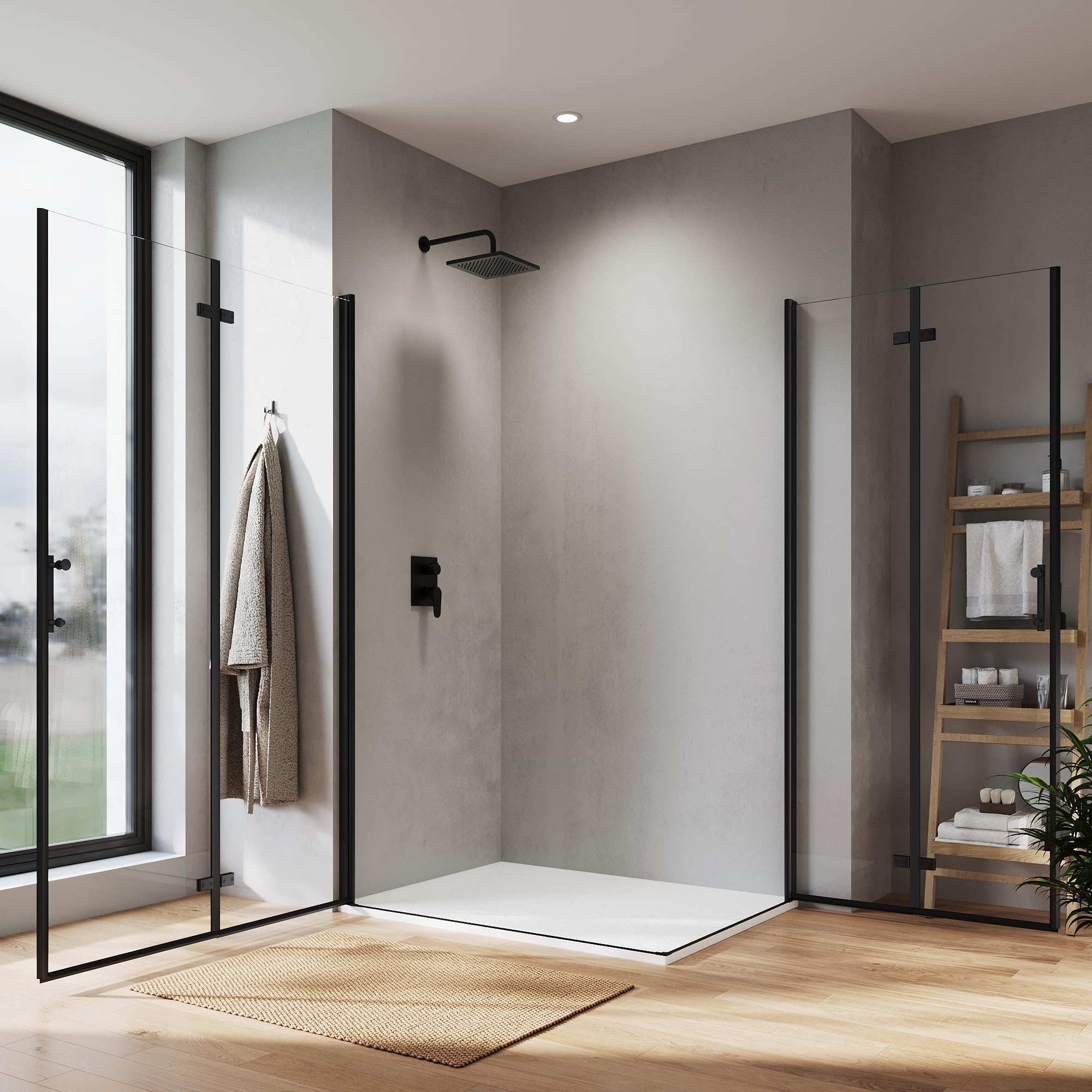 Sonni Mampara de ducha de 180º con entrada en esquina, 80 x 100 cm, color negro, puerta plegable, nano, 6 mm, altura 195 cm, puerta plegable
