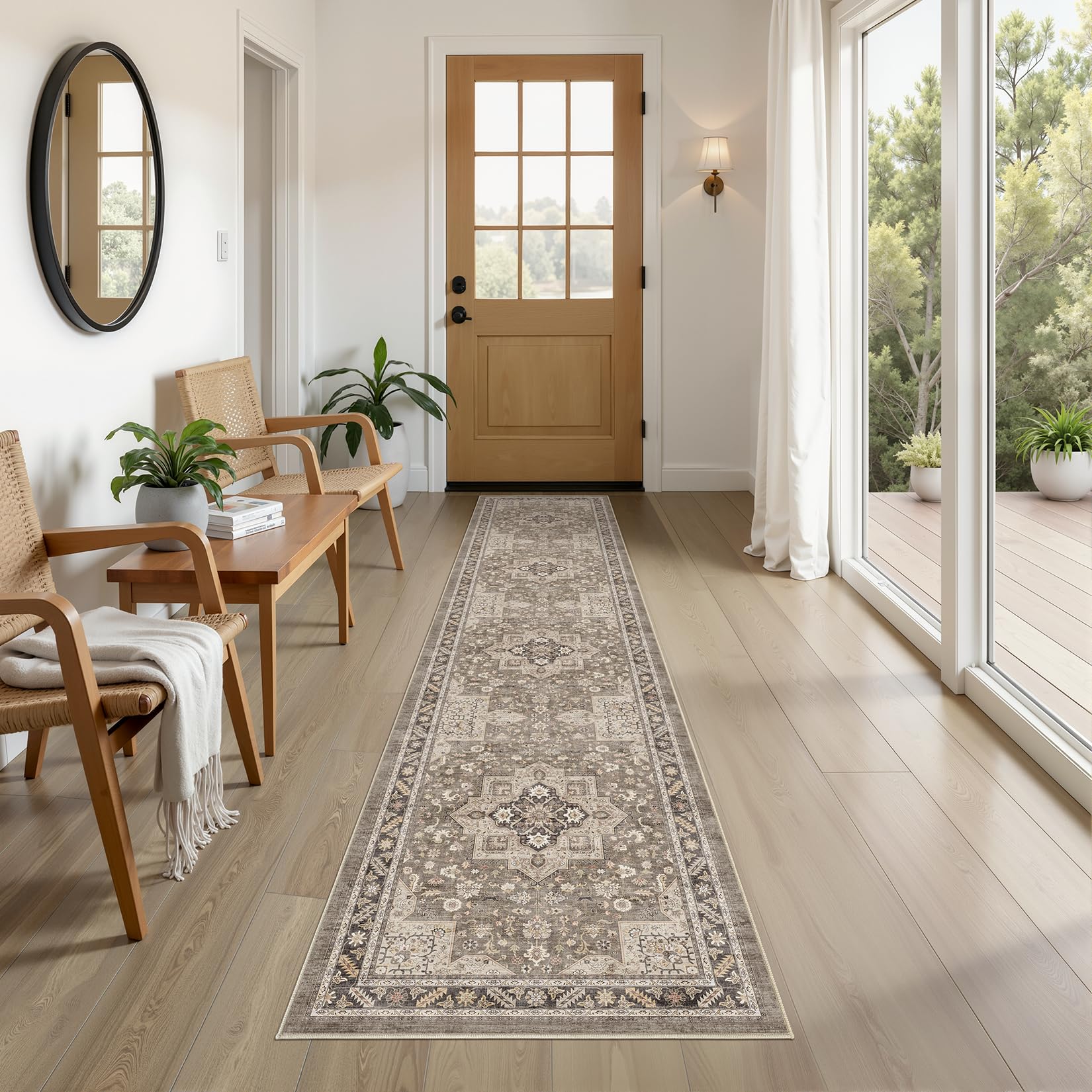Vintage Hallway Runner Rug 2x8: Large Soft Washable Entryway for Kitchen Laundry Room Non-Slip Backing Runner for Entrance Living Room Bedroom Bathroom - Brown