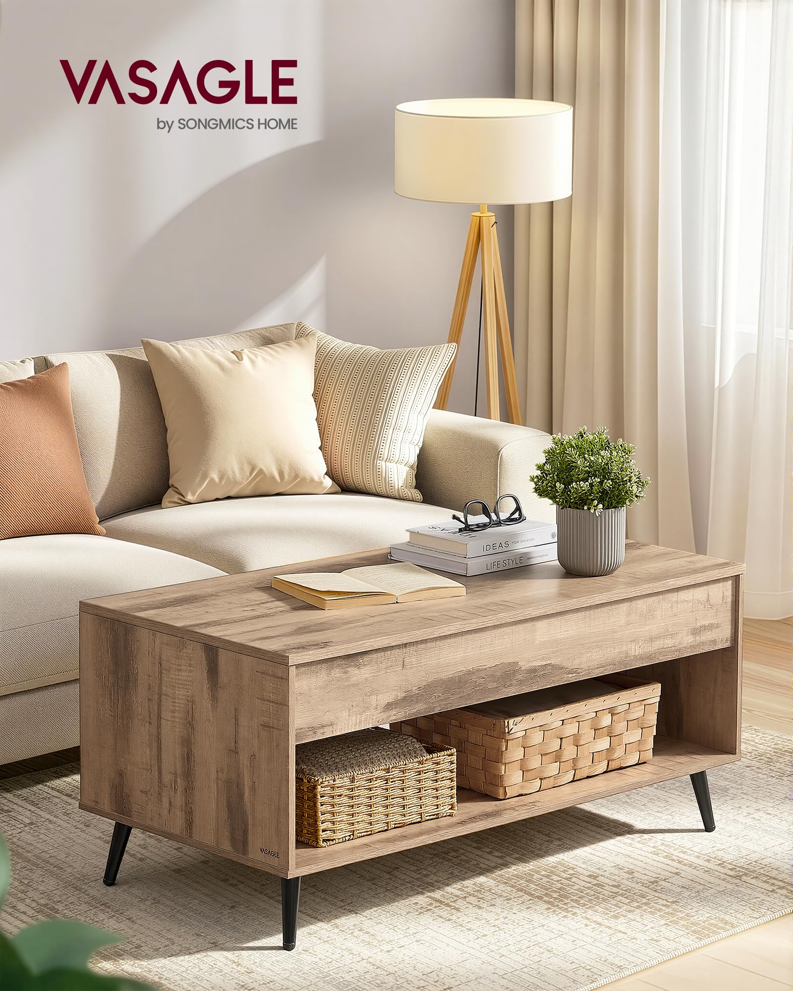 VASAGLE Table Basse, Table Basse Relevable, Vérin à Gaz, Compartiment sous Le Plateau, Compartiment Ouvert, pour Salon, Bureau, Salle à Manger, Marron Camel et Noir d'encre LCT267LB01