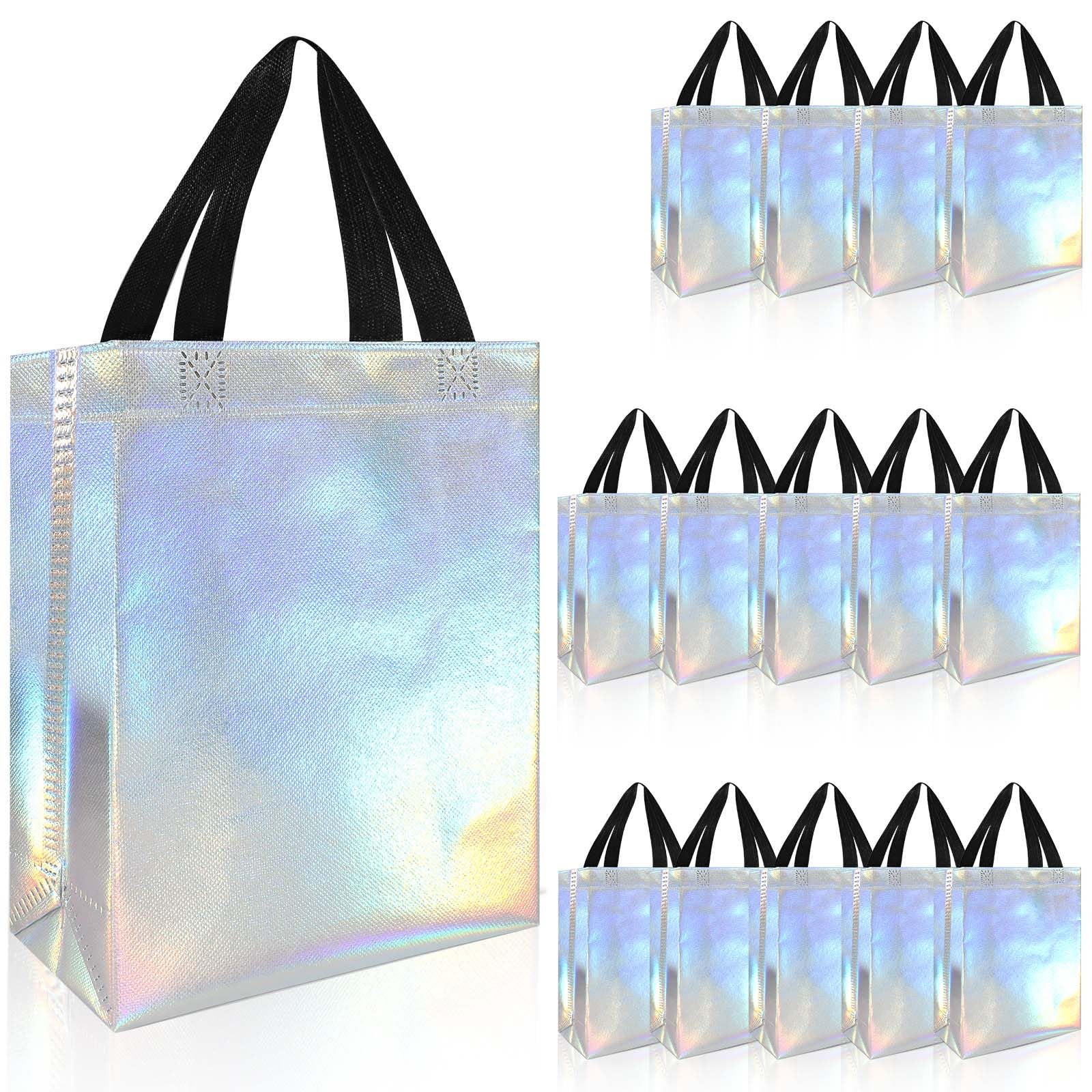 PHOGARY 15Pcs Iridescent Glossy Gift Bags Medium Size, 8x4x10 Inch Holographic Reusable Gift Bag for Wedding Bachelorette Birthday, Party Favor Bag With Handles, Goodie Bags Bulk