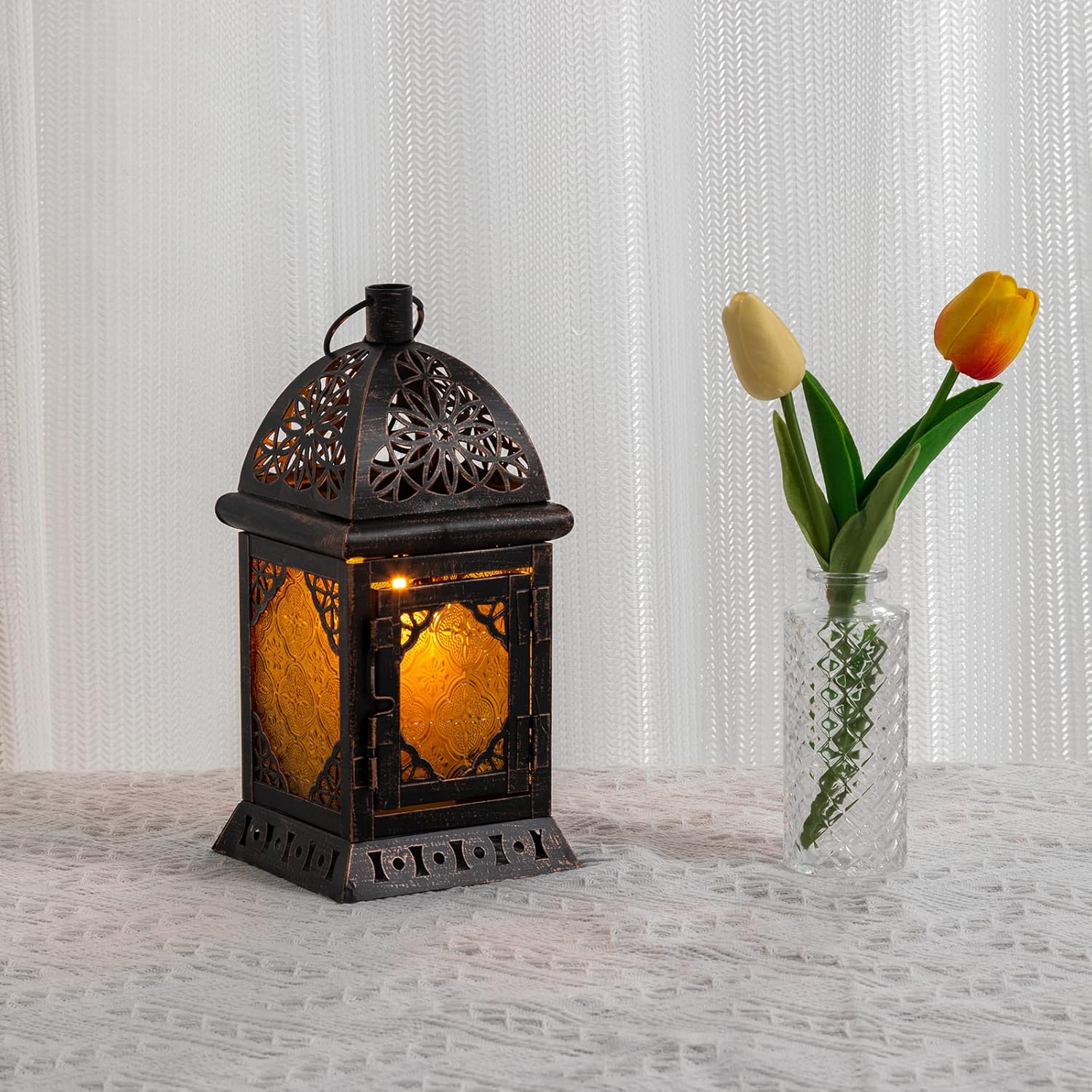 DECORKEY Vintage Large Size Decorative Ramadan Candle Lantern, Moroccan Style Hanging Lantern, Metal Tabletop Lantern Decor, Christmas Candle Holders for Outdoor Patio (Amber) : Home & Kitchen