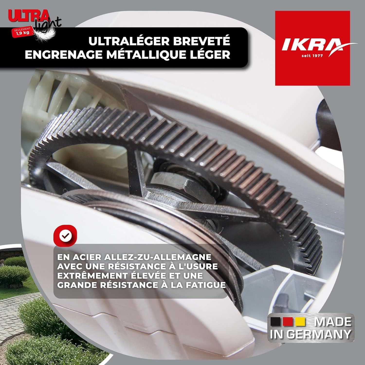 Close-up of the lightweight metal gear, made of German case-hardened steel, emphasizing its high wear resistance and fatigue strength.