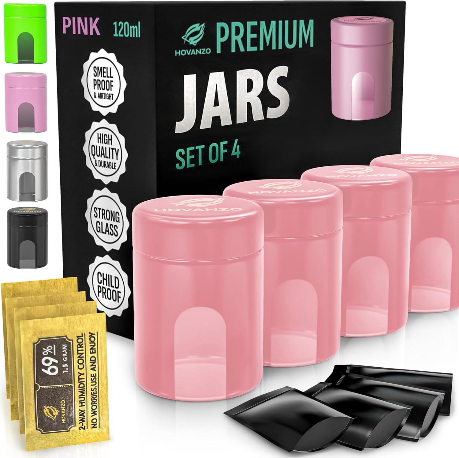 Premium Airtight Glass Storage Jars 120ml with 69% Humidity Control 4 Packs - UV Air Tight Jars with Child-Resistant Lid - Airtight Jar Container, Air Tight Storage,Storage Jars for Herb/Spice Pink 120 ML - 4Pcs