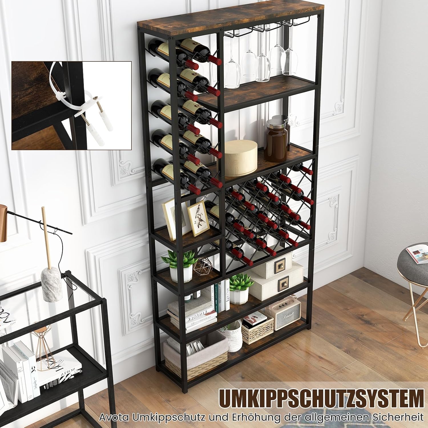 Wine Rack for 27 Bottles, 81 x 23 x 166 cm, Freestanding Bottle Rack with 7 Levels and 3 Rows Wine Glass Holder, Metal Display Shelves, Bar Cabinet for Kitchen, Bar, Basement, Dining Room