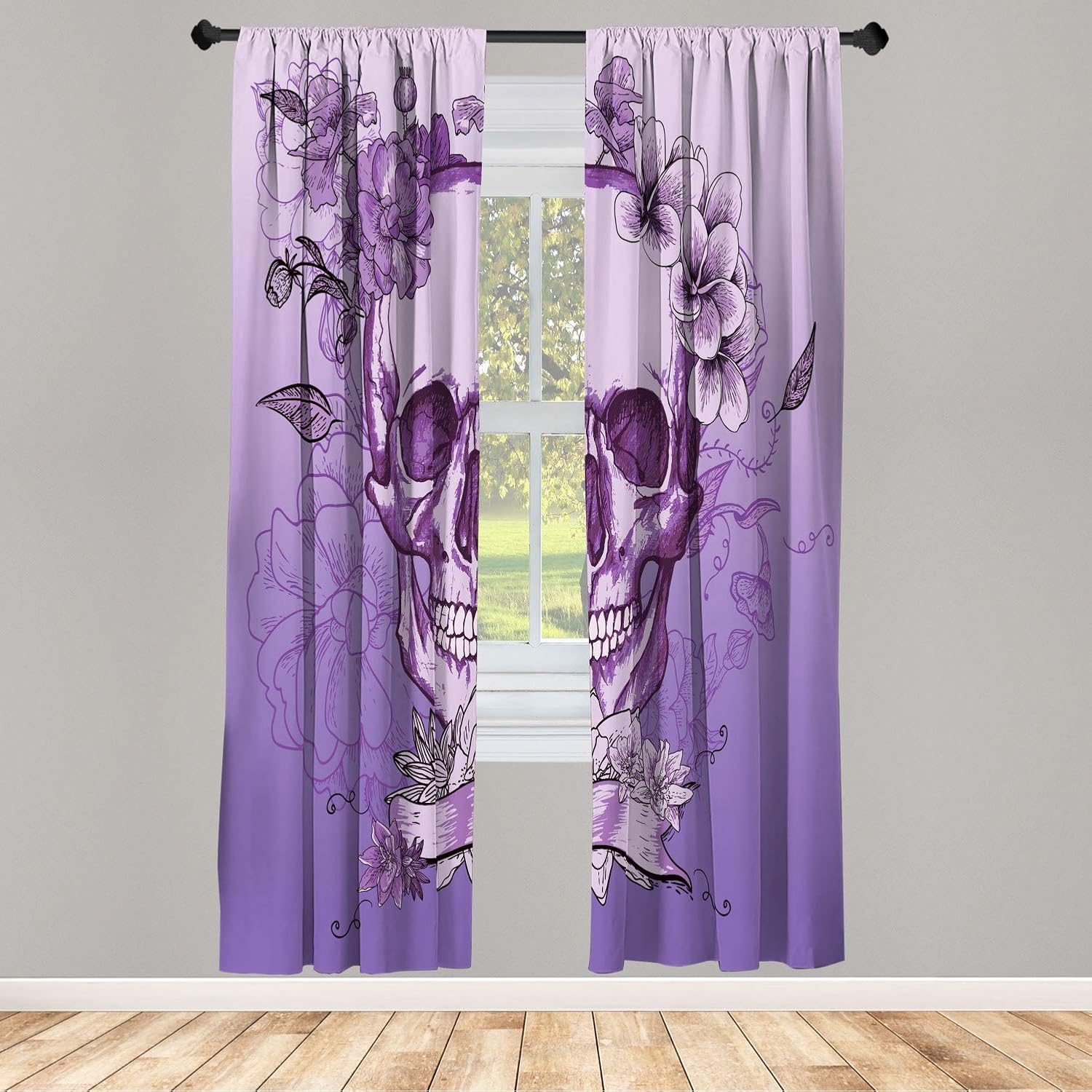Ambesonne Grunge Window Curtains, Skull and Flowers Day of The Dead Mexican Traditional Celebration Symbolic Art, Lightweight Decorative 2-Panel Set & Rod Pocket, Pair of - 28" x 84", Mauve Violet