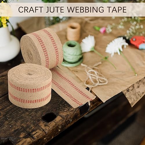 Miniatura 6 de NATGAI Cinta de yute, 10 yardas de ancho, rollo de 3.5 pulgadas de arpillera natural, línea roja, cinta de yute, cinta de tapicería para silla