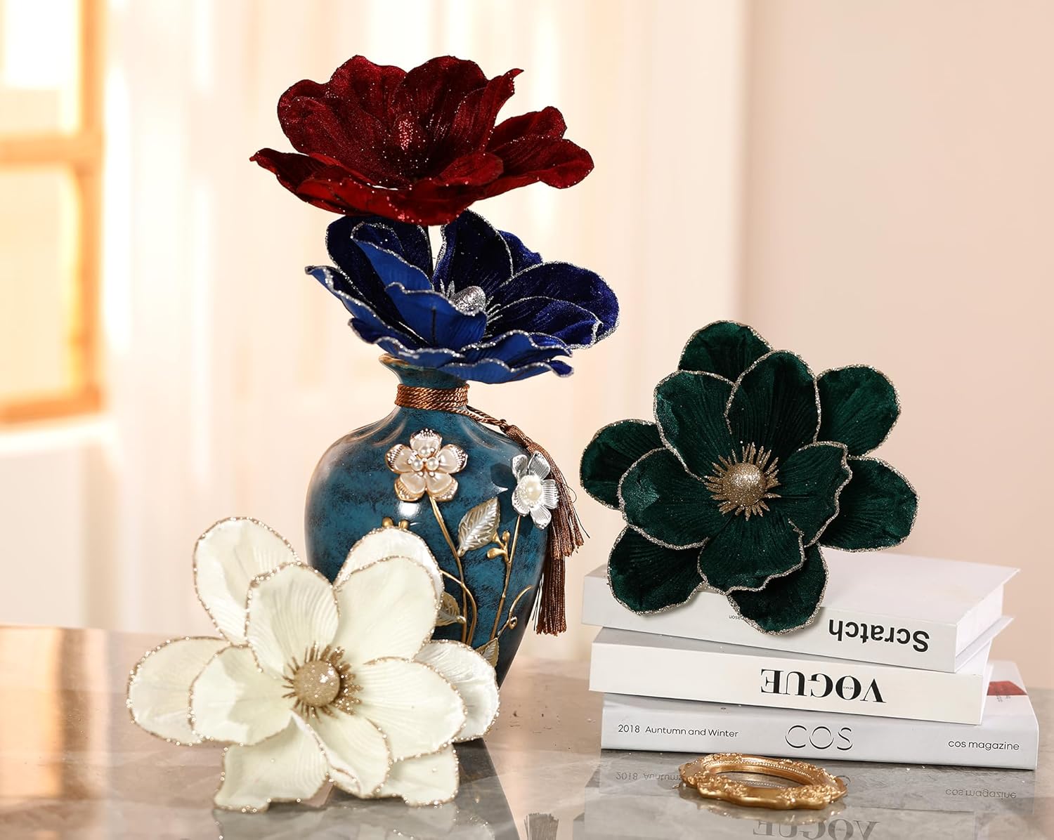 GL-Turelifes 10’’ Large Glitter Christmas Flower 6 Pcs Artificial Magnolia Flowers Velvet Fold Christmas Tree Flower Decorations Xmas Tree New Year Party Wedding Ornaments (Sapphire Blue)
