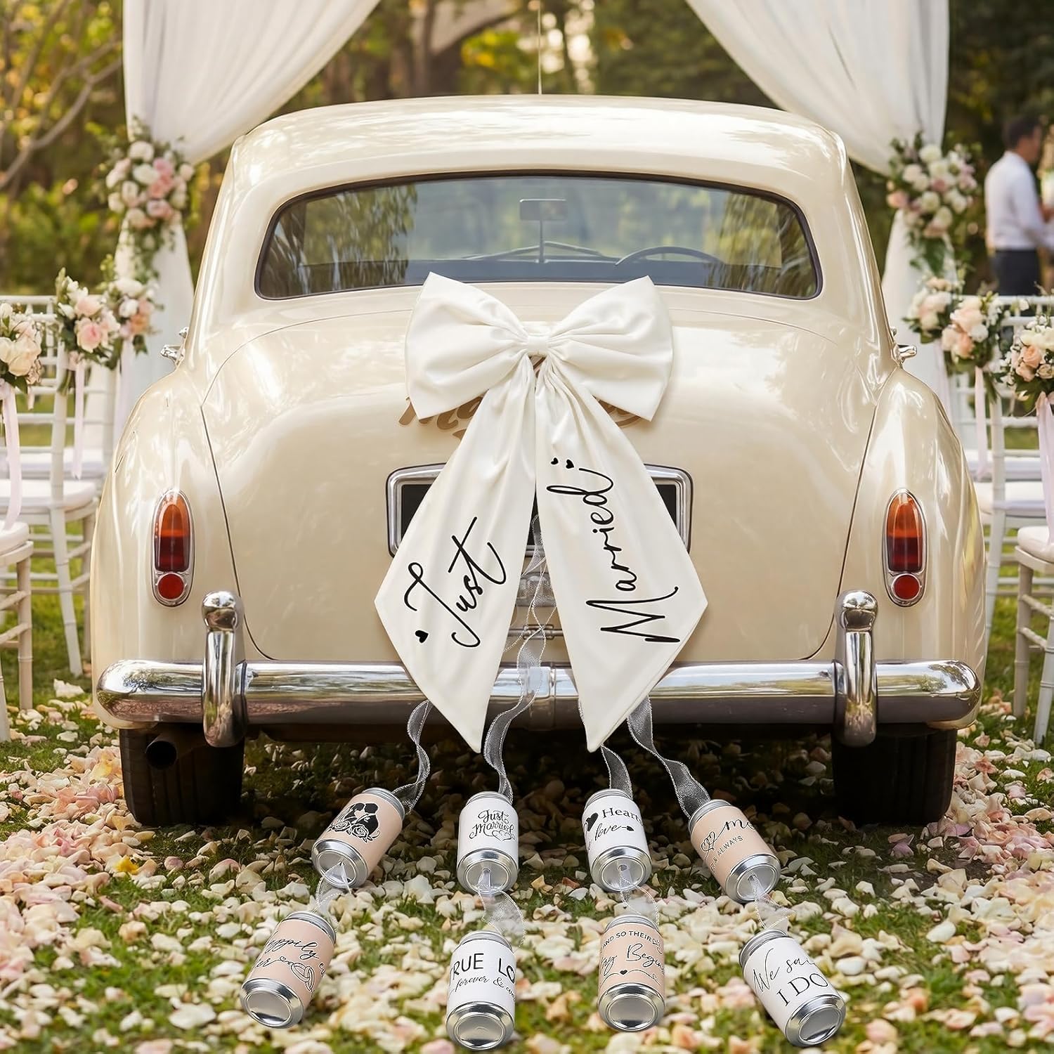 18 Pcs Just Married Car Decorations Wedding Car Decorations Giant Pull Ribbon Bow Tin Cans Stickers for Automotive Decor Accessories Bride Vehicles Photo Props Elegant Wedding Party Decor