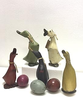 Homestyles Wooden Vintage Hand Crafted 8" h Baby Duck 5 Piece Carved Bamboo Root Figurine Set with Eggs and Whimsical Name Tags